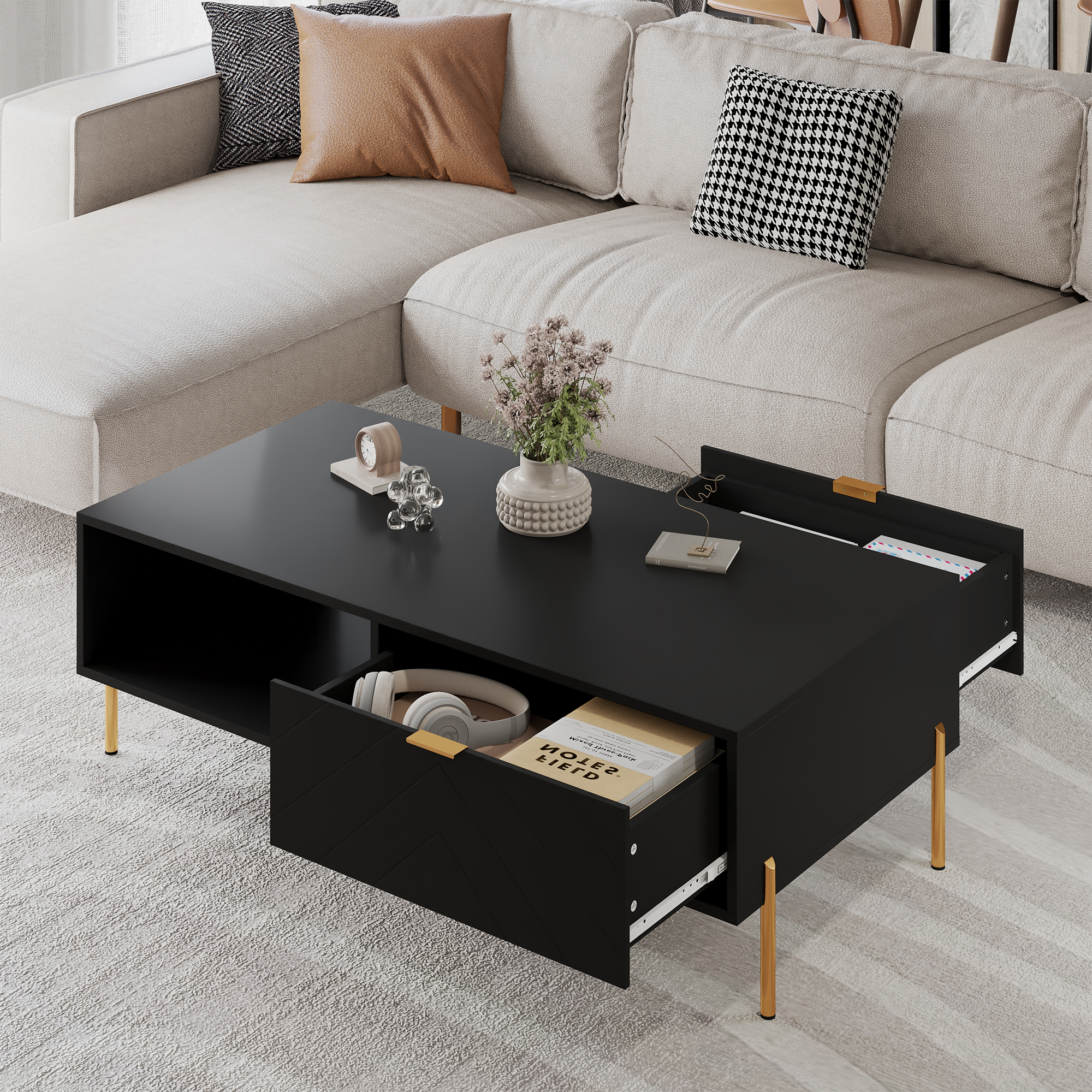 Mid-Century Modern Coffee Table, 48" Rectangle Coffee Table with Double Drawers, Gold Metal Decor, Center Table for Living Room,White