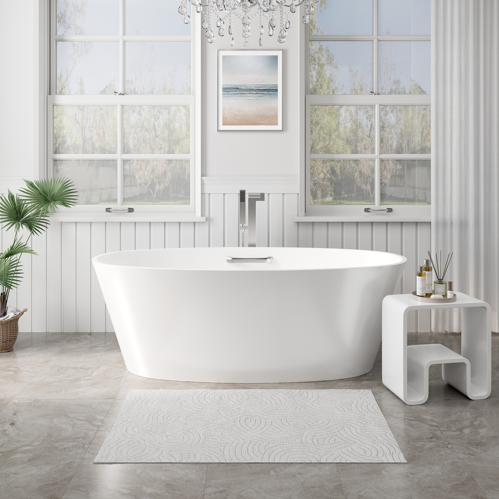 63" Matte White Solid Surface Freestanding Soaking Bathtub with One-Side Armrest