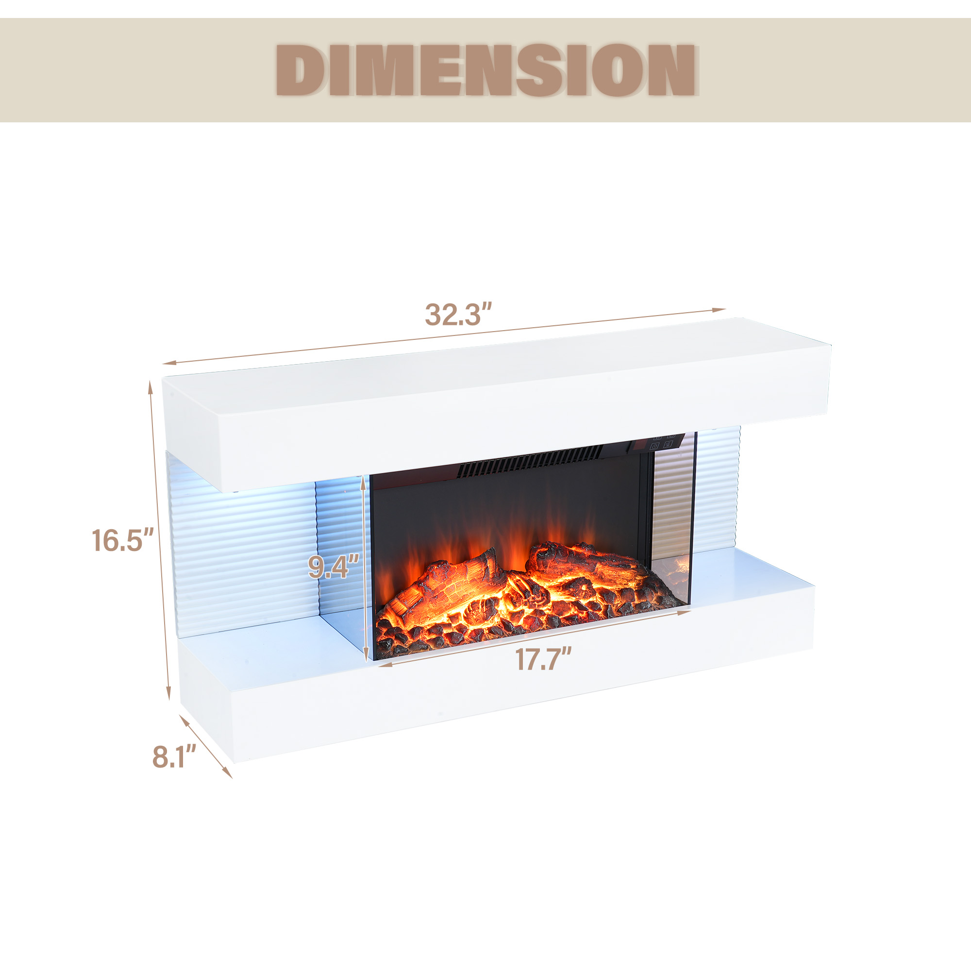 32-inch Wall Mounted Hanging Electric Fireplace with Remote Control in Black
