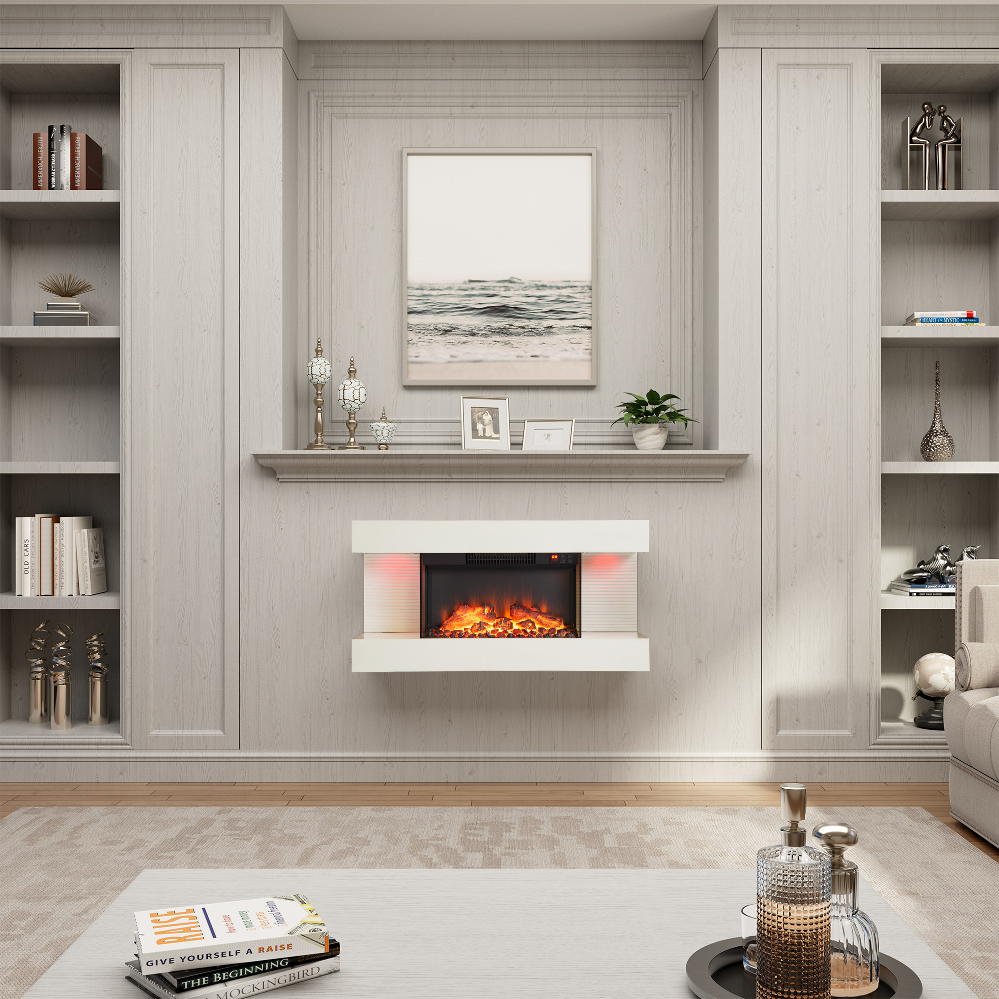 32-inch Wall Mounted Hanging Electric Fireplace with Remote Control in Black