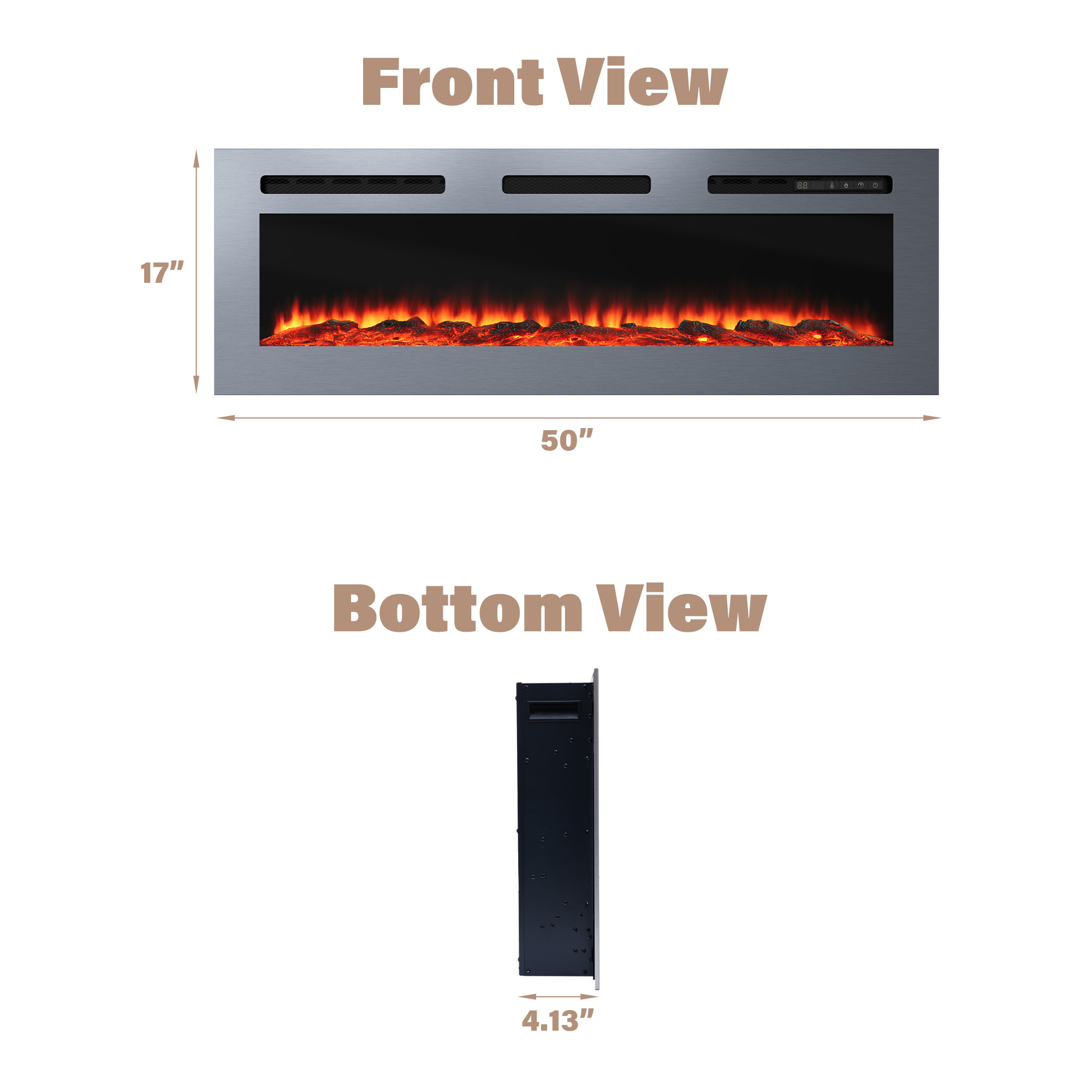 50 in. Wall Mounted and Recessed Electric Fireplace Insert with Stainless Steel Surface and 12 Flame Colors