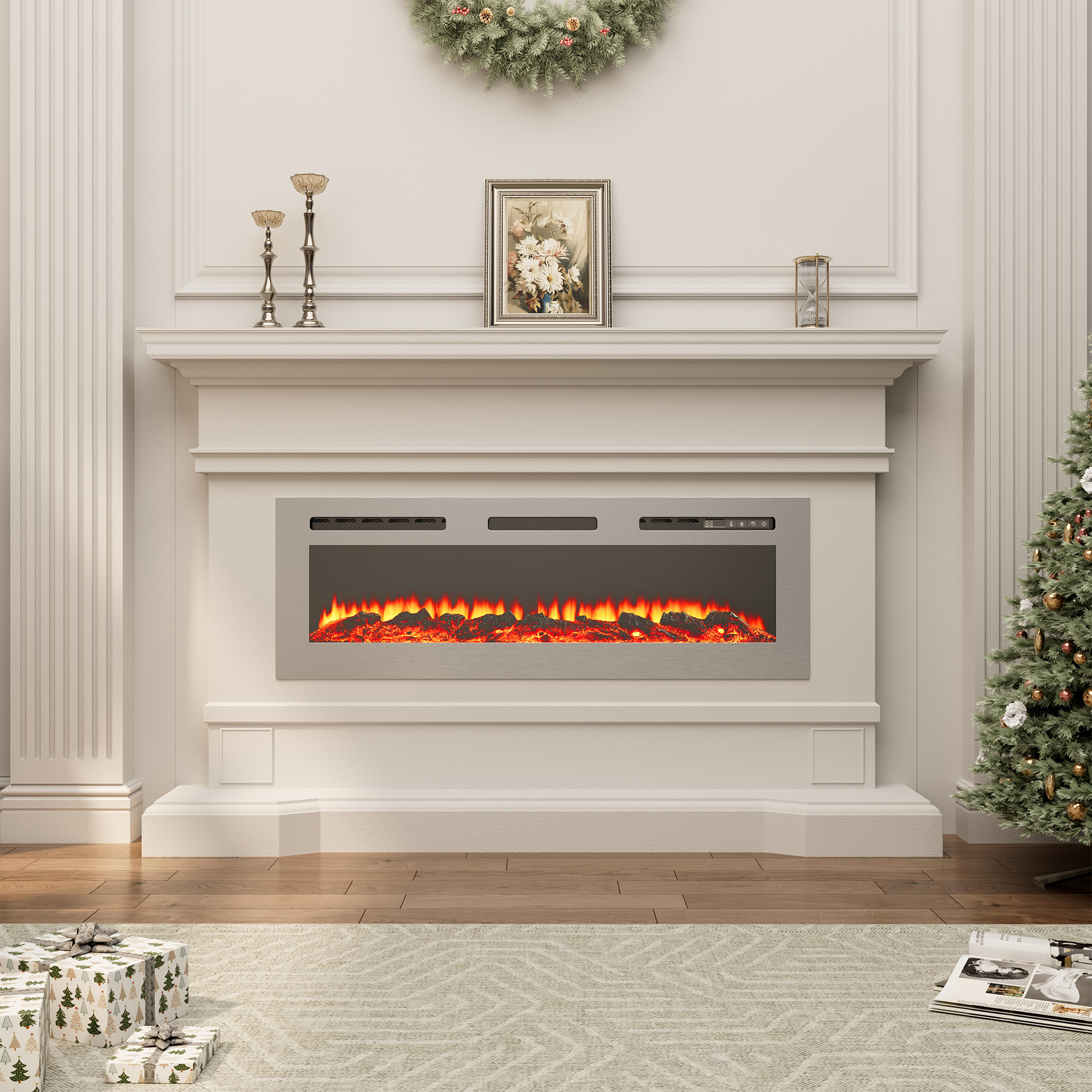 50 in. Wall Mounted and Recessed Electric Fireplace Insert with Stainless Steel Surface and 12 Flame Colors