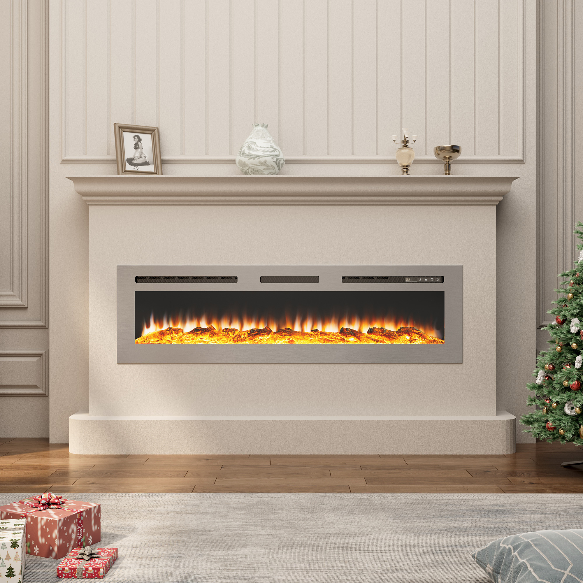 60 in. Wall Mounted and Recessed Electric Fireplace Insert with Stainless Steel Surface and 12 Flame Colors