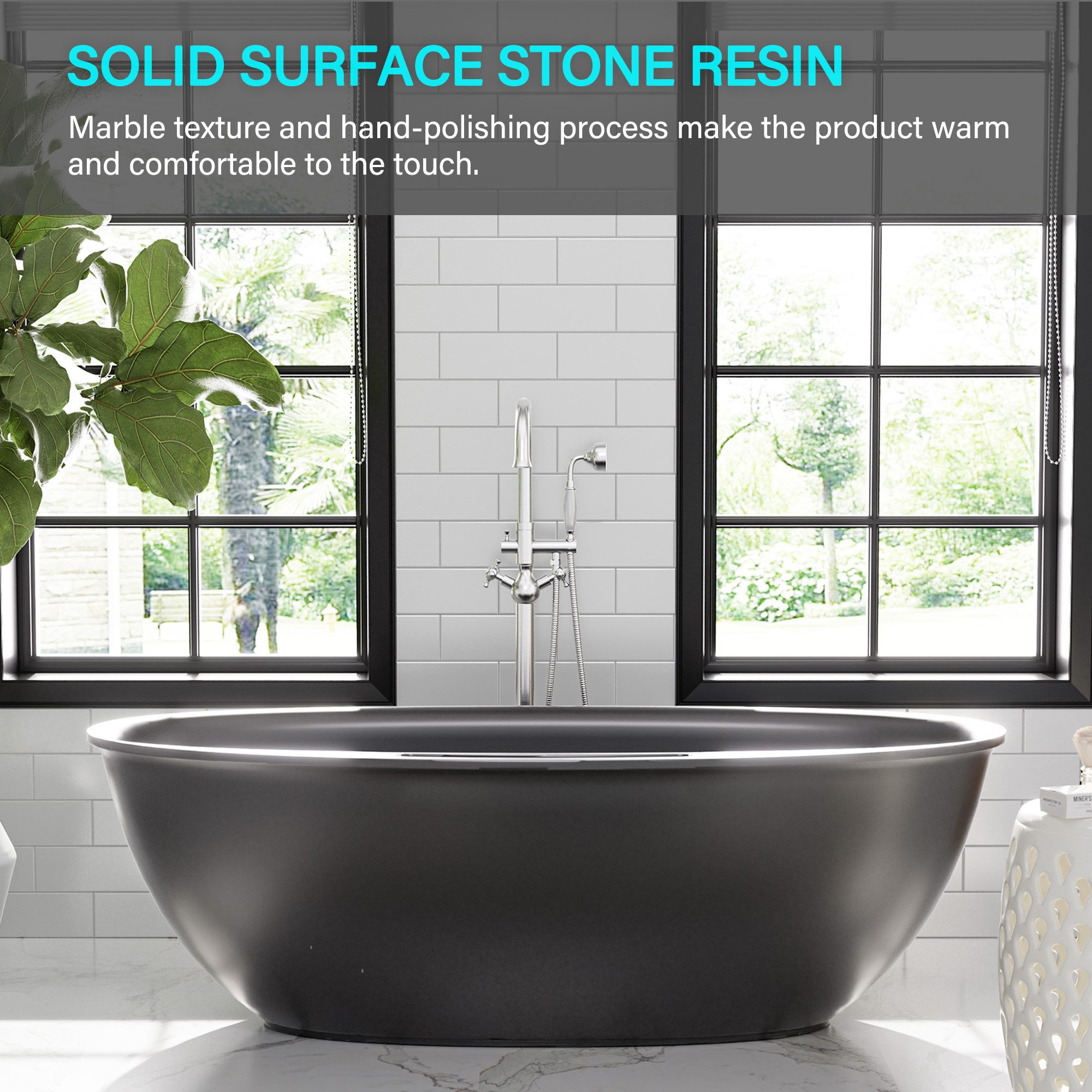 Matte white 67-inch artificial stone freestanding bathtub, hand-polished, with drainer + drain cover + drain pipe