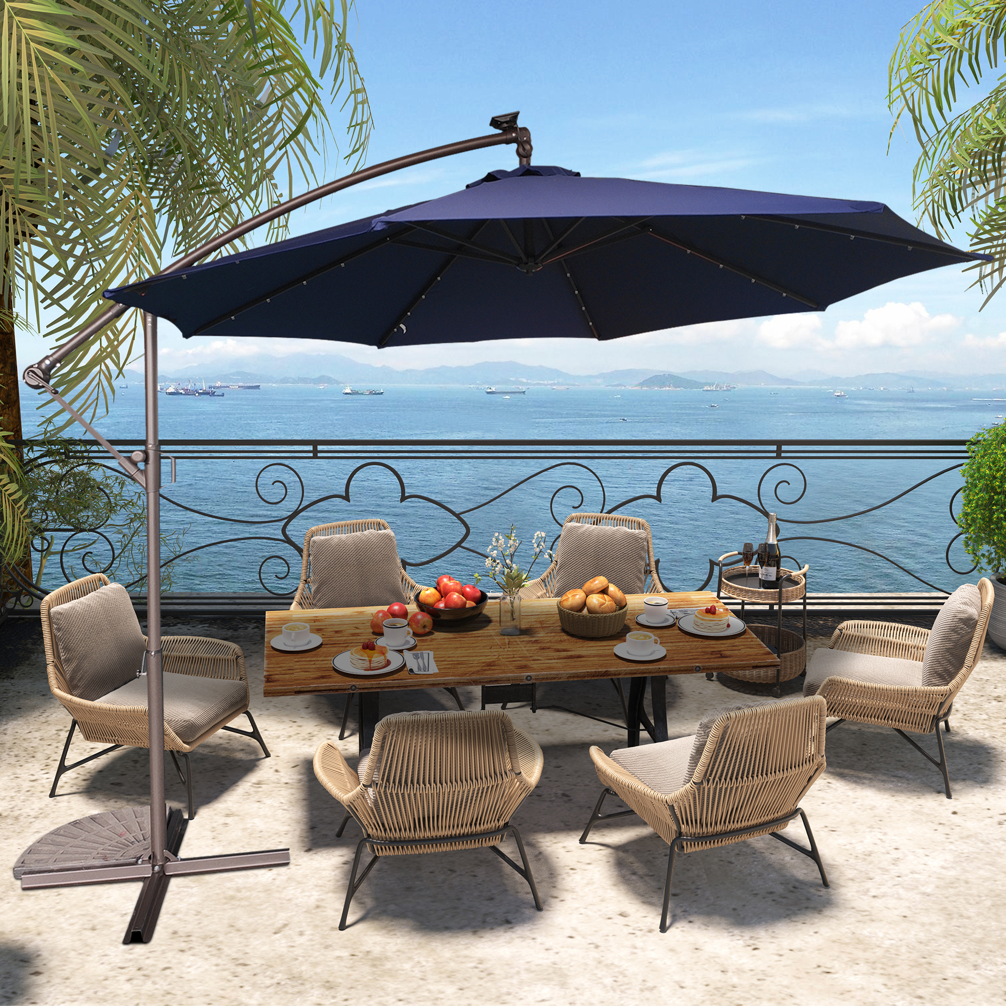 10-ft Polyester Solar Powered Crank Cantilever Patio Umbrella Without Base