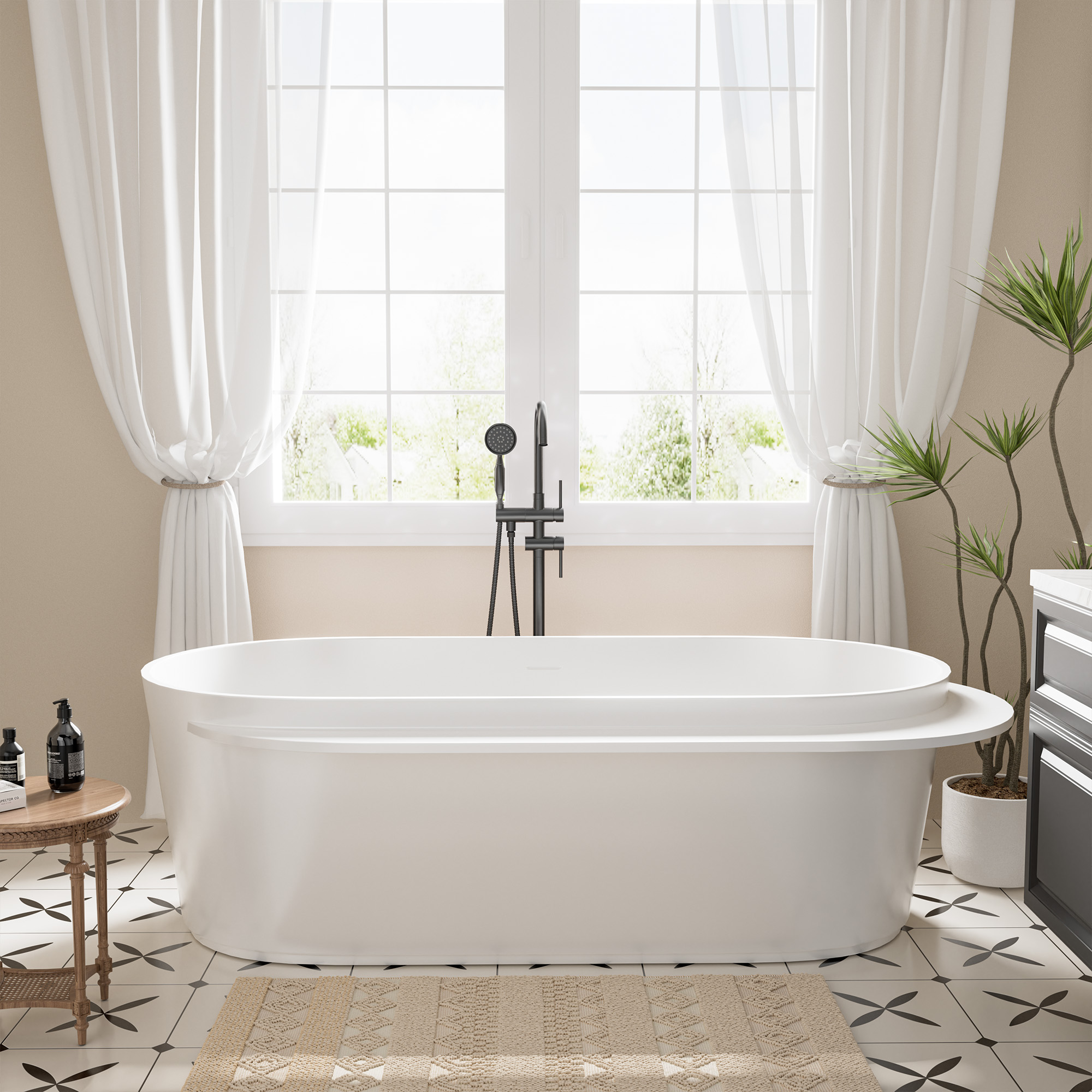 71 in. x 33 in. Solid Surface Stone Resin Freestanding Soaking Bathtub with Center Drain, Drainer, Hose in Matte White