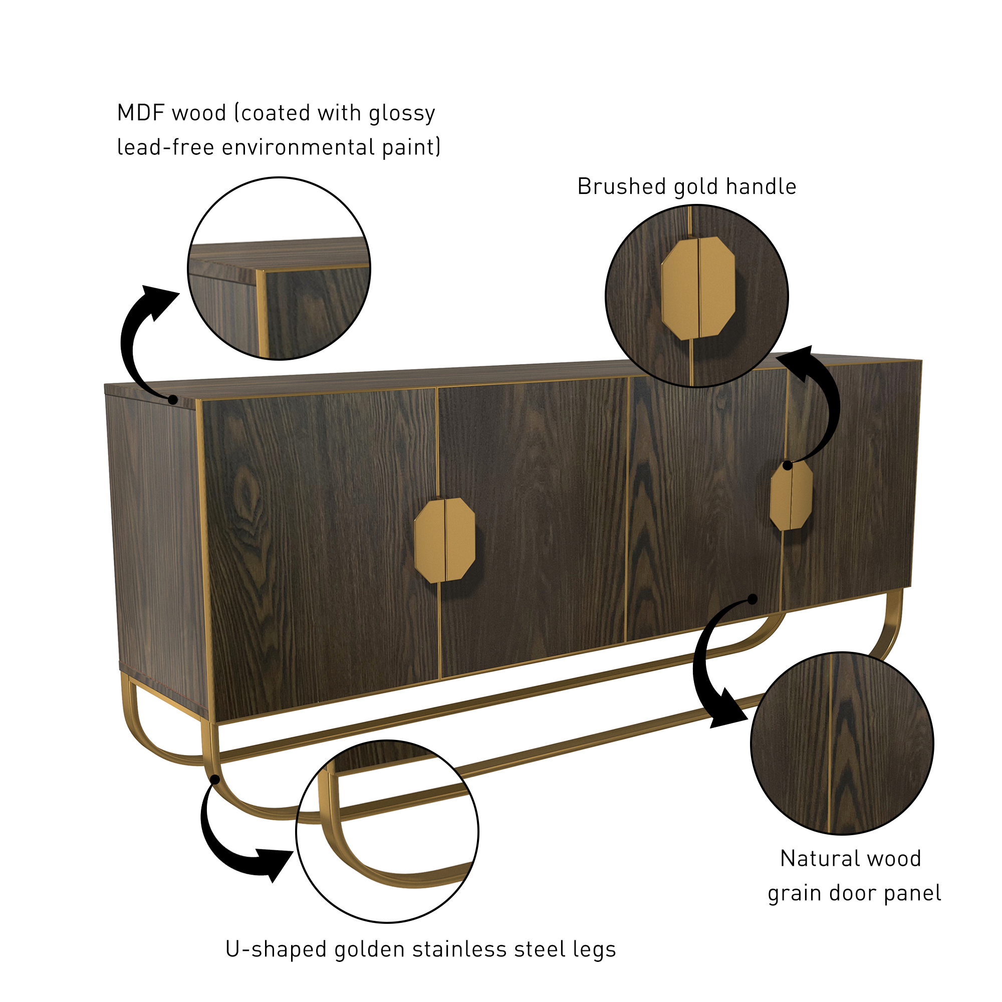 Dark Brown/White MDF 70.87 in. Modern Wood Grain Buffet Sideboard Dining Table with U-Shaped Stainless Steel Legs