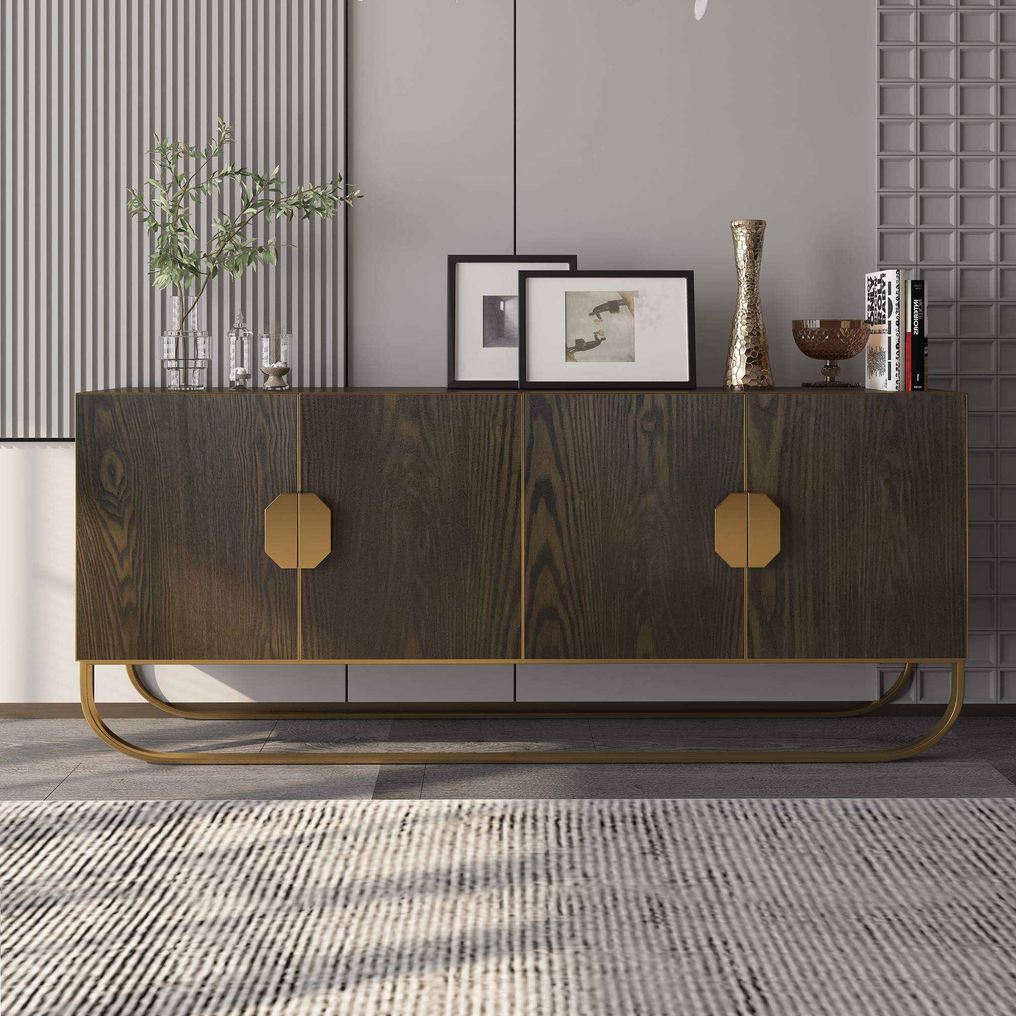 Dark Brown/White MDF 70.87 in. Modern Wood Grain Buffet Sideboard Dining Table with U-Shaped Stainless Steel Legs