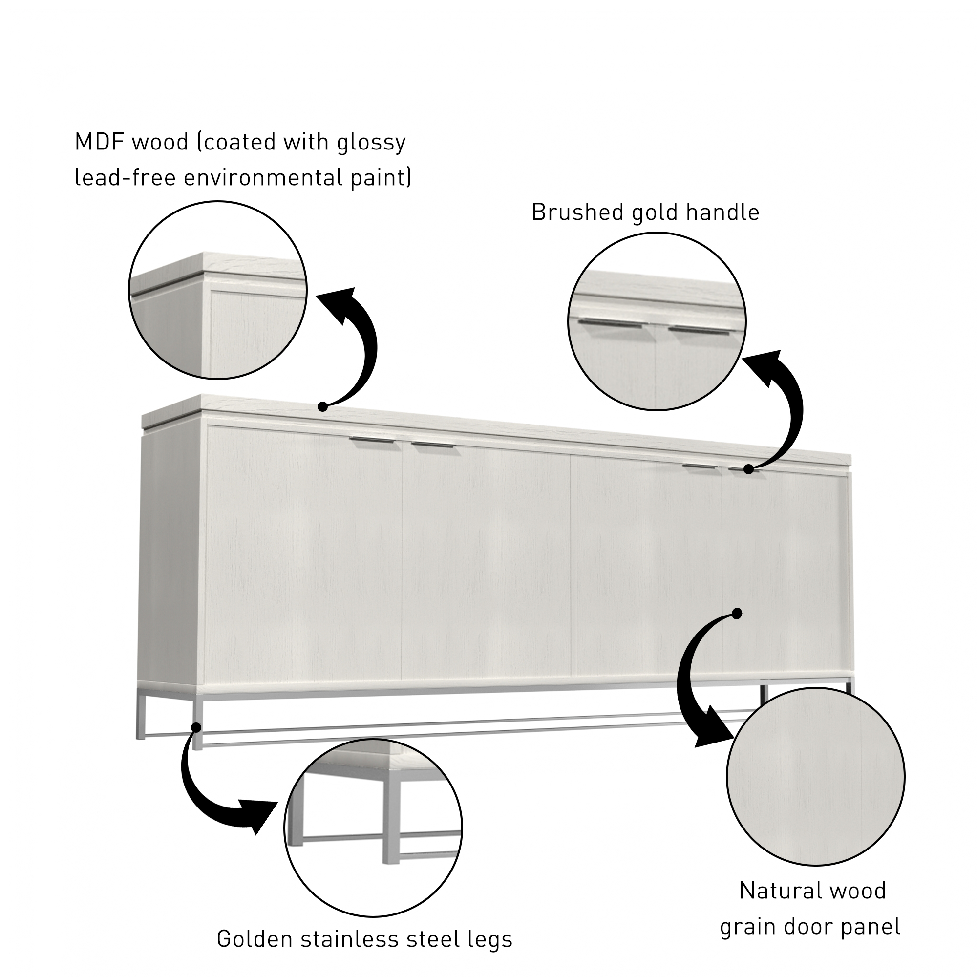 Dark Brown/White MDF 4-Door 81.5 in. Modern Buffet Sideboard Dining Table with Stainless Steel Brushed Gold Legs