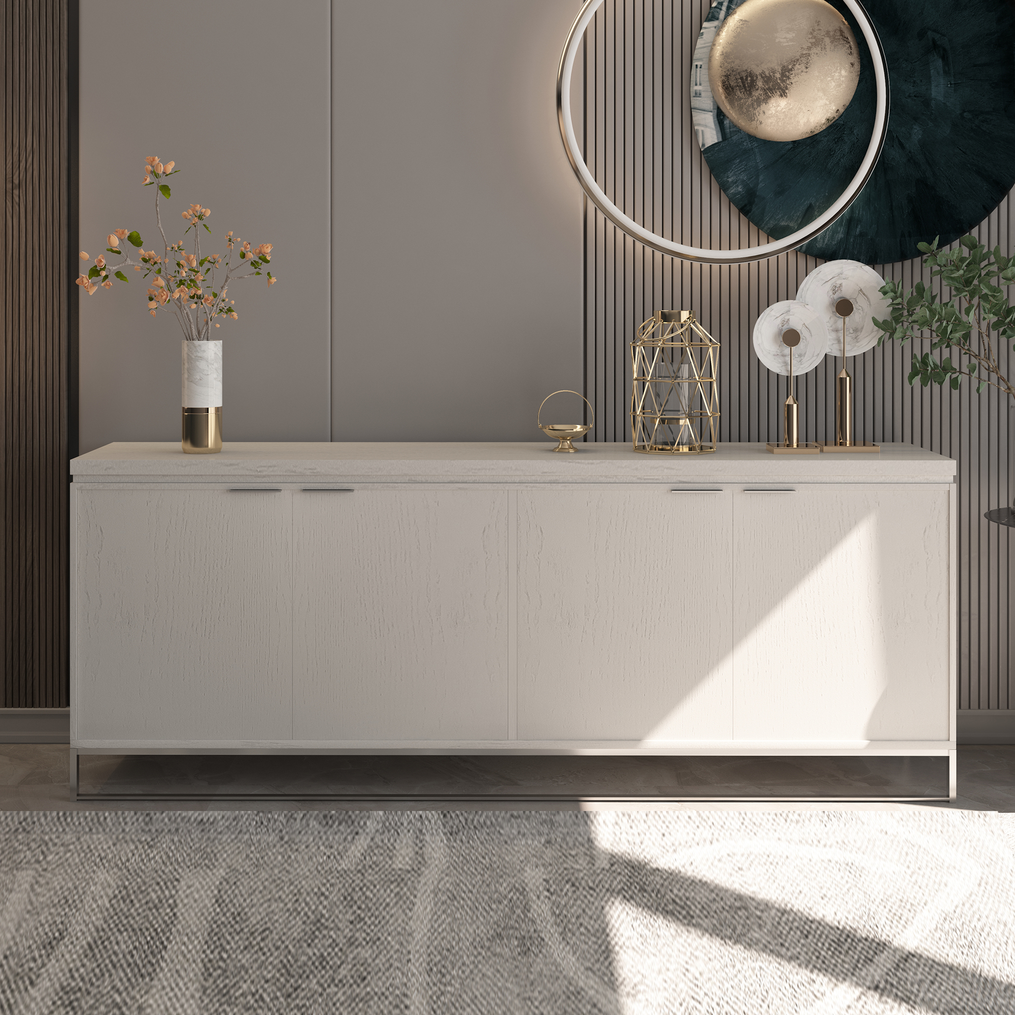 Dark Brown/White MDF 4-Door 81.5 in. Modern Buffet Sideboard Dining Table with Stainless Steel Brushed Gold Legs