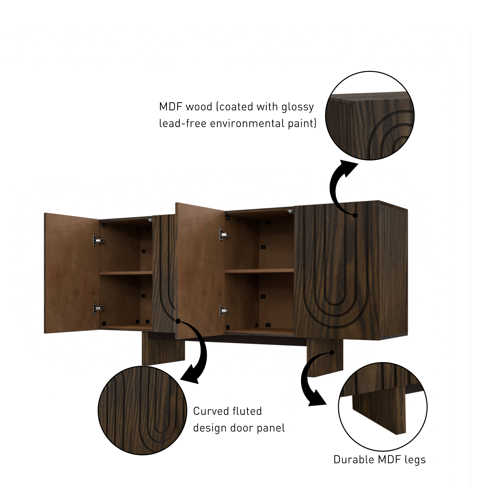 Dark Brown/White 4-Door 62.99 in. Wood Grain Buffet Sideboard with MDF Legs For Living Room, Foyer and Kitchen-Dining Room