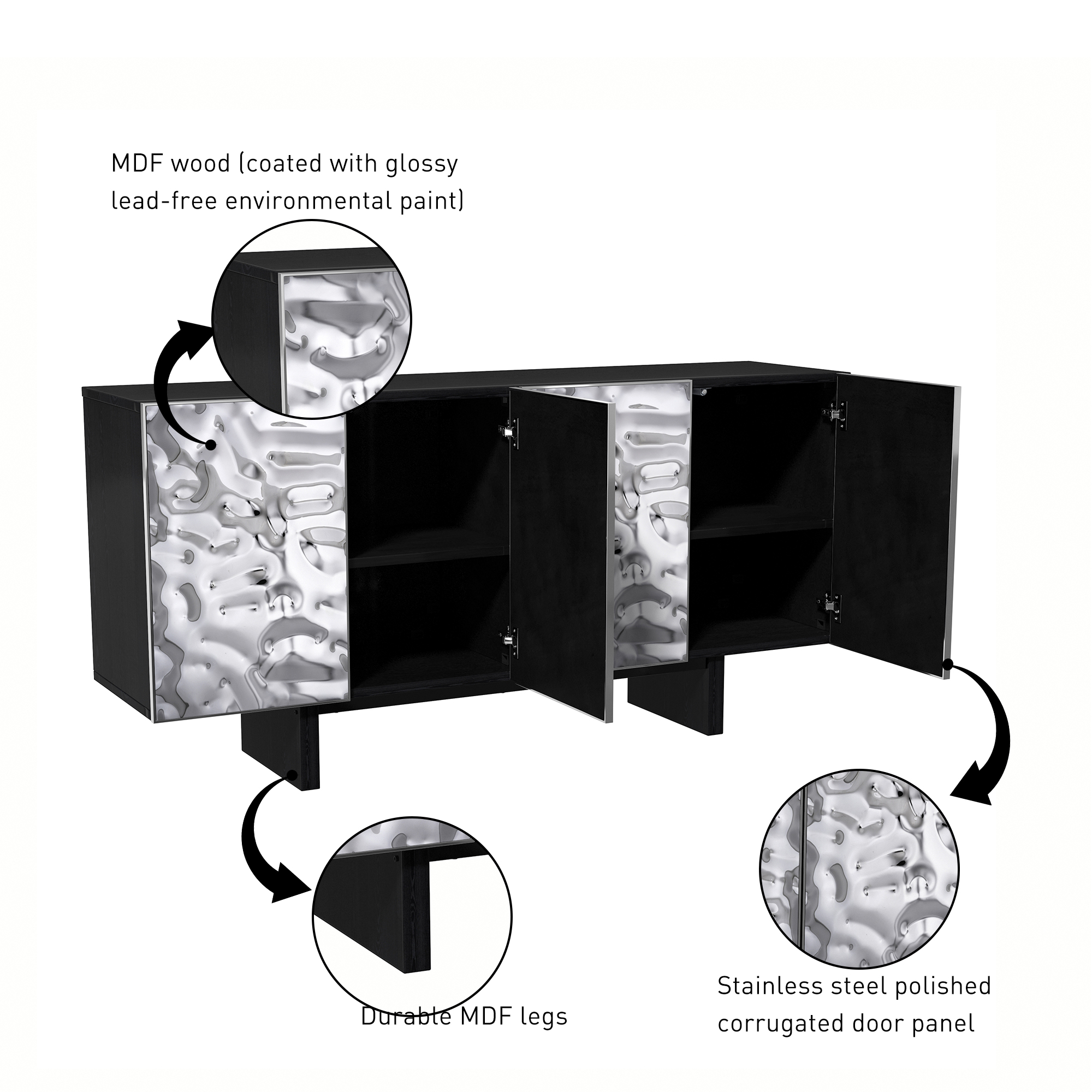 Silver MDF 2-Door/4-Door Wood 62.99 in. Buffet Sideboard Dining Table For Living Room, Foyer and Kitchen-Dining Room