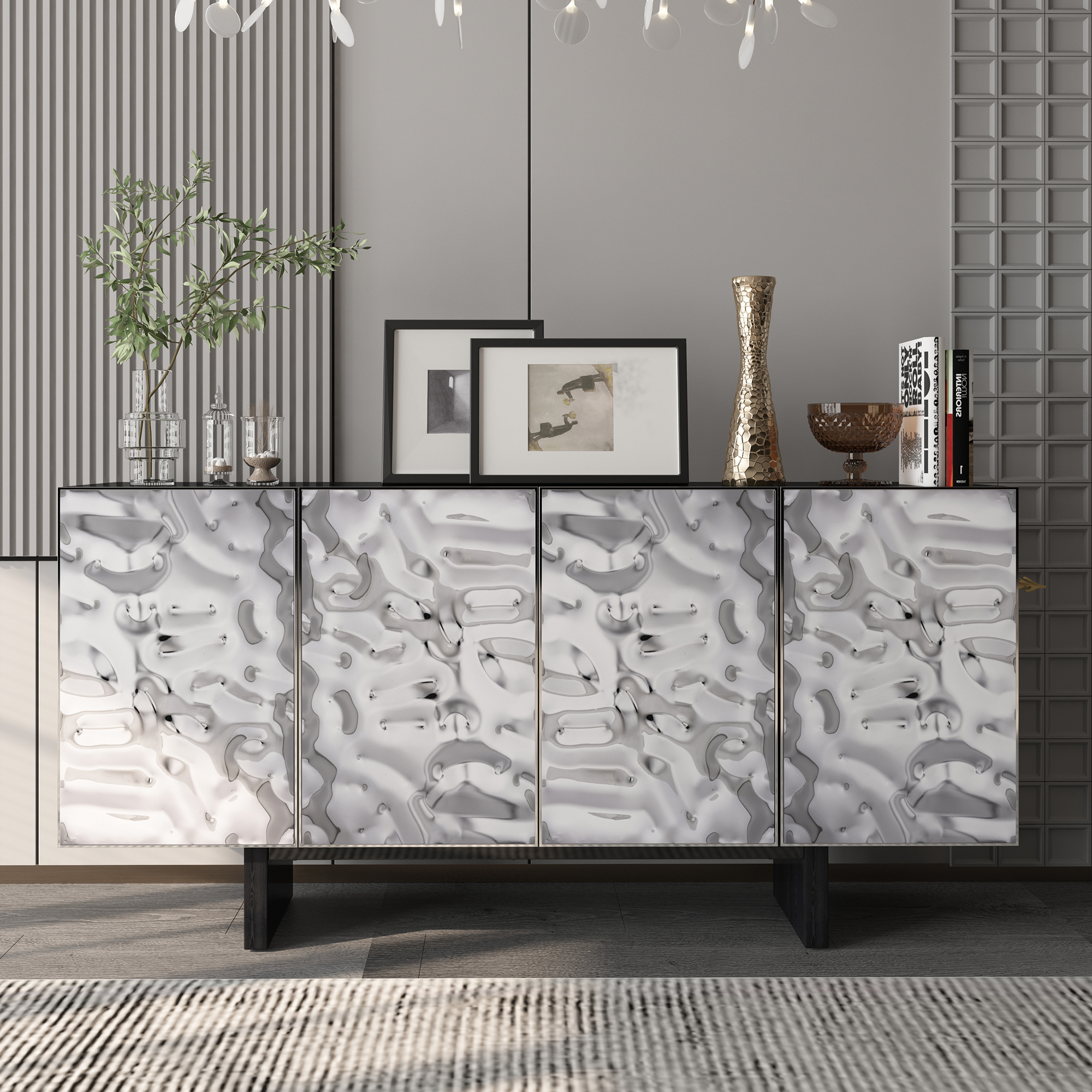 Silver MDF 2-Door/4-Door Wood 62.99 in. Buffet Sideboard Dining Table For Living Room, Foyer and Kitchen-Dining Room