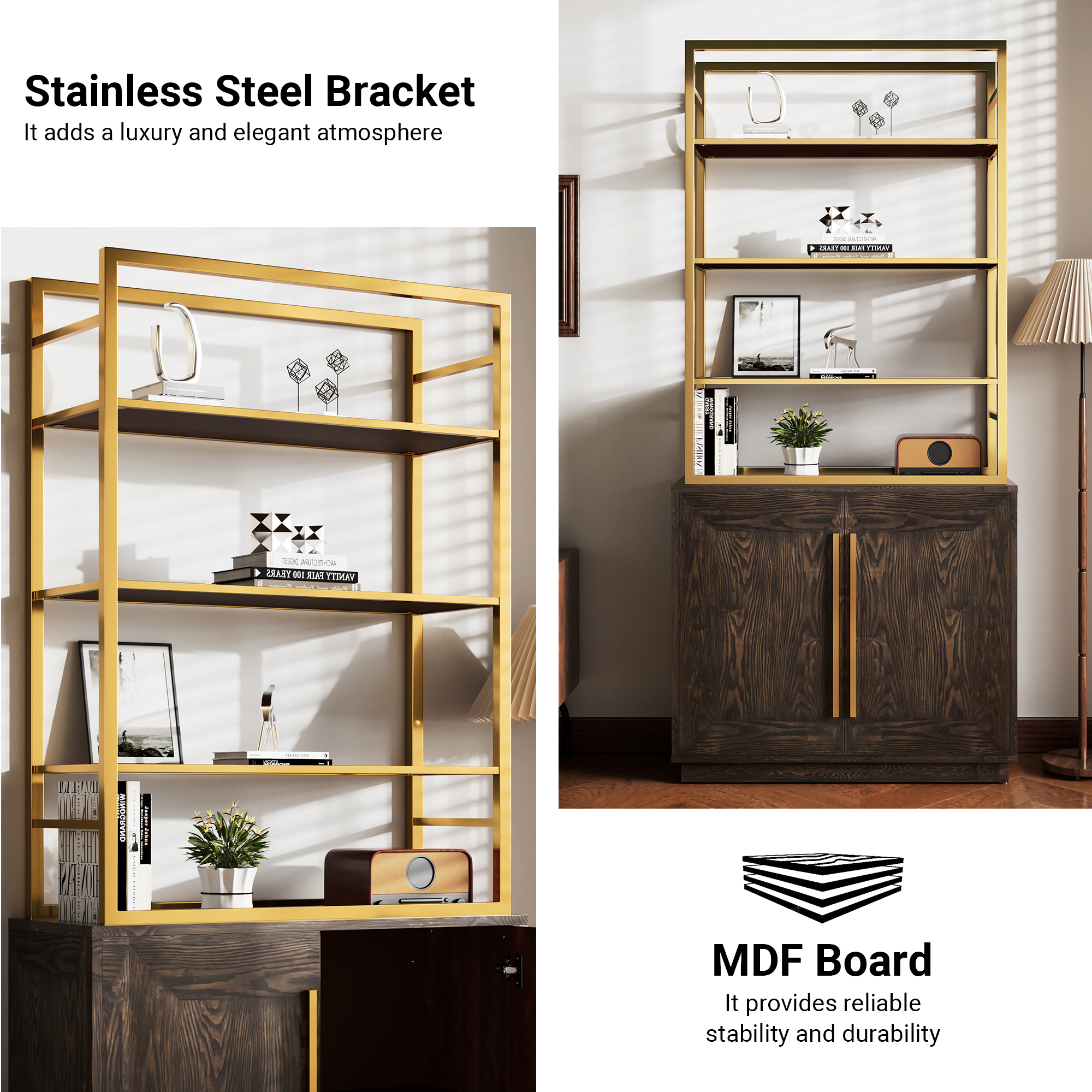 79 in. Tall Vertical Storage Space Gold Stainless Steel Bookshelf Bookcase With Cabinet