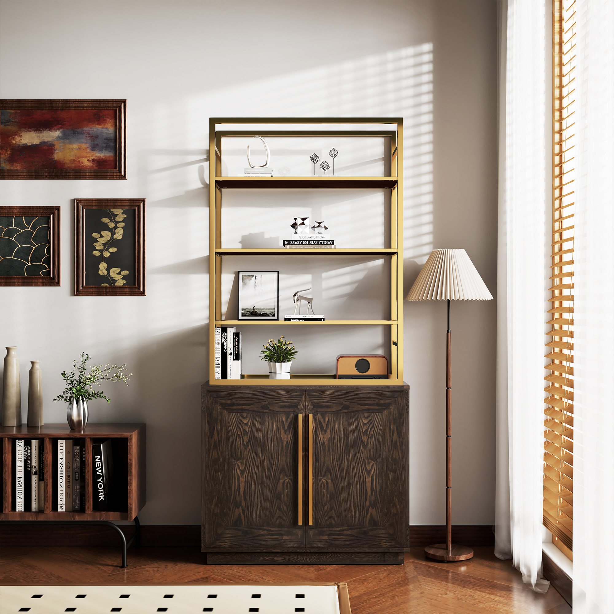 79 in. Tall Vertical Storage Space Gold Stainless Steel Bookshelf Bookcase With Cabinet