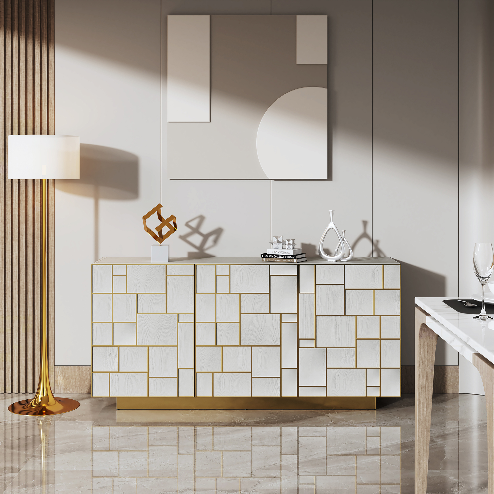 White MDF 70.87 in. Buffet Sideboard Dining Table Metal 3 Door Storage Cabinet