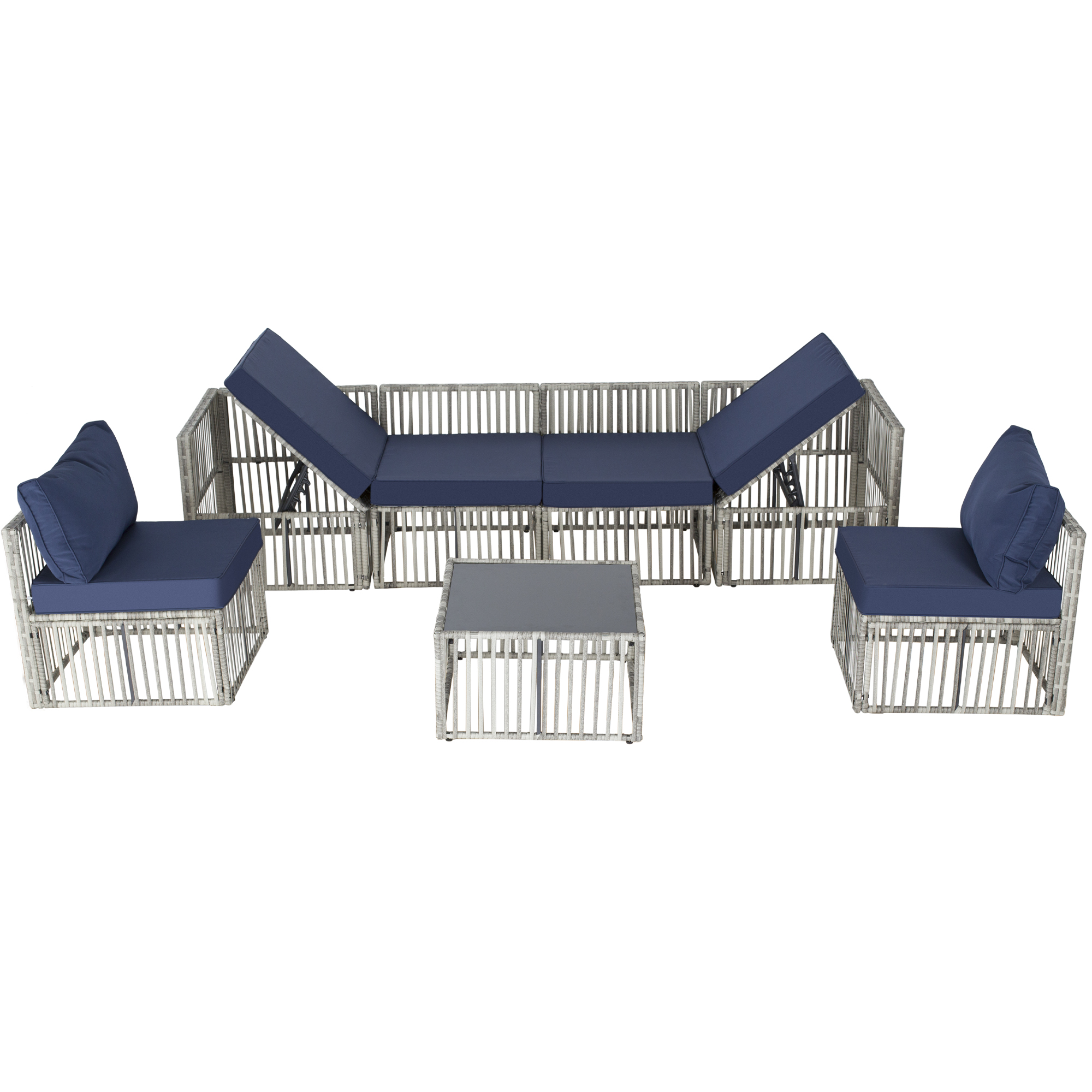 7-Piece Outdoor Patio Furniture Set – PE Rattan Sectional Sofa with Cushions & Coffee Table, All-Weather Wicker, Removable Covers，Gray/Blue/Brown