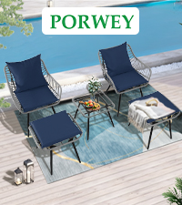 7-Piece Patio Bistro Set – PE Rattan Chairs with Cushions, Ottomans, and Tempered Glass Coffee Table, Compact Outdoor Furniture for Balcony or Small Spaces (Blue/Beige)