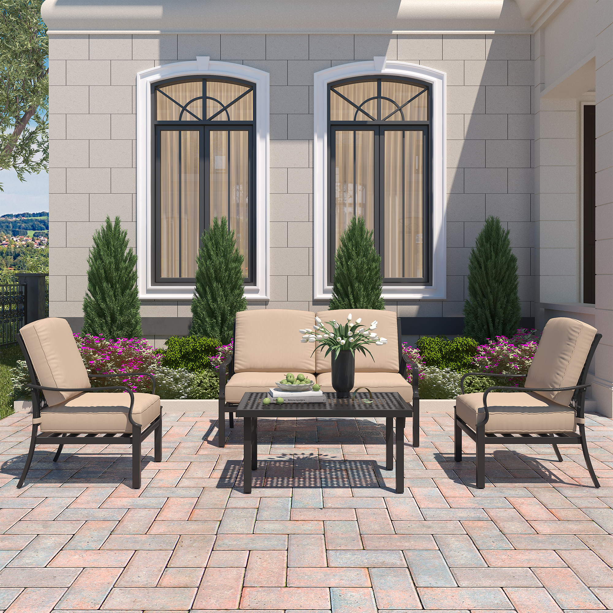 Mondawe 5 Pieces Black Steel Outdoor Patio Conversation Deep Seating Set with Sunbrella Beige Cushions and 1 Coffee Table-Mondawe