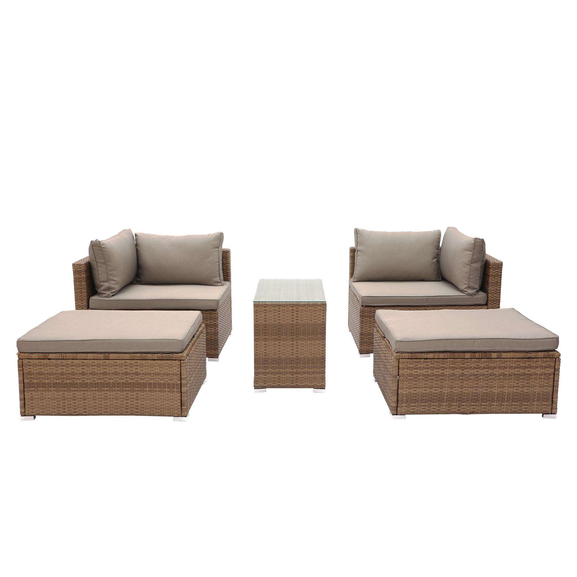 Mondawe 5-Piece Patio Rattan PE Wicker Furniture Corner Sofa Set, with 2 Sofa chairs, 1 Corner chair, 1 ottoman and 1 glass coffee table, Sectional Sofa Chair, Seating