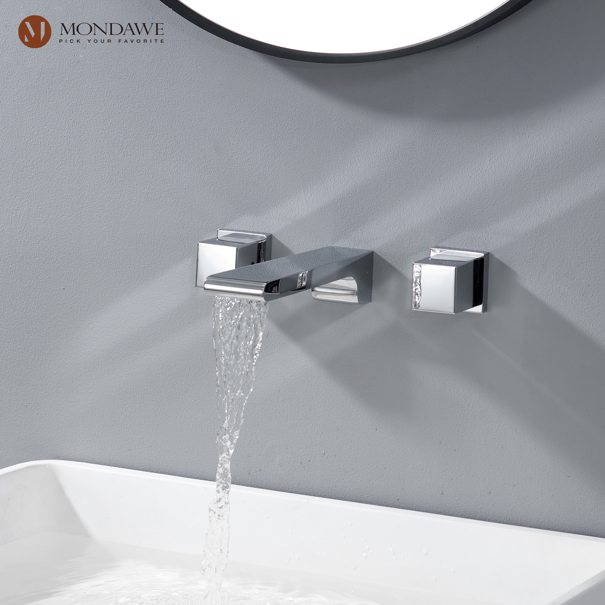 Mondawe Spot Free Widespread Wall Mount 3-Hole Sink  Water Tap with Double Handle-Mondawe