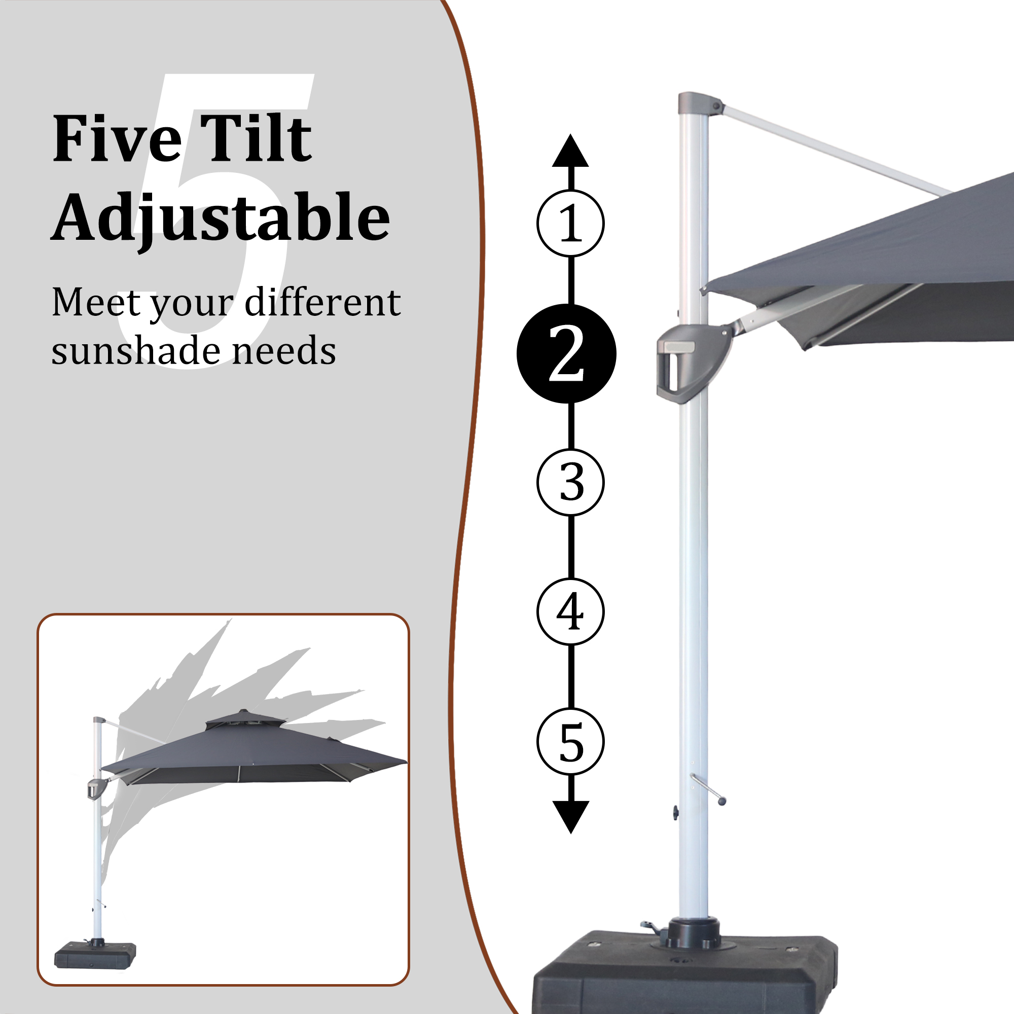 10/11ft Square Cantilever Patio Umbrella with 5 Adjustable Angles, Outdoor Sunshade with Base for Deck, Garden, or Pool
