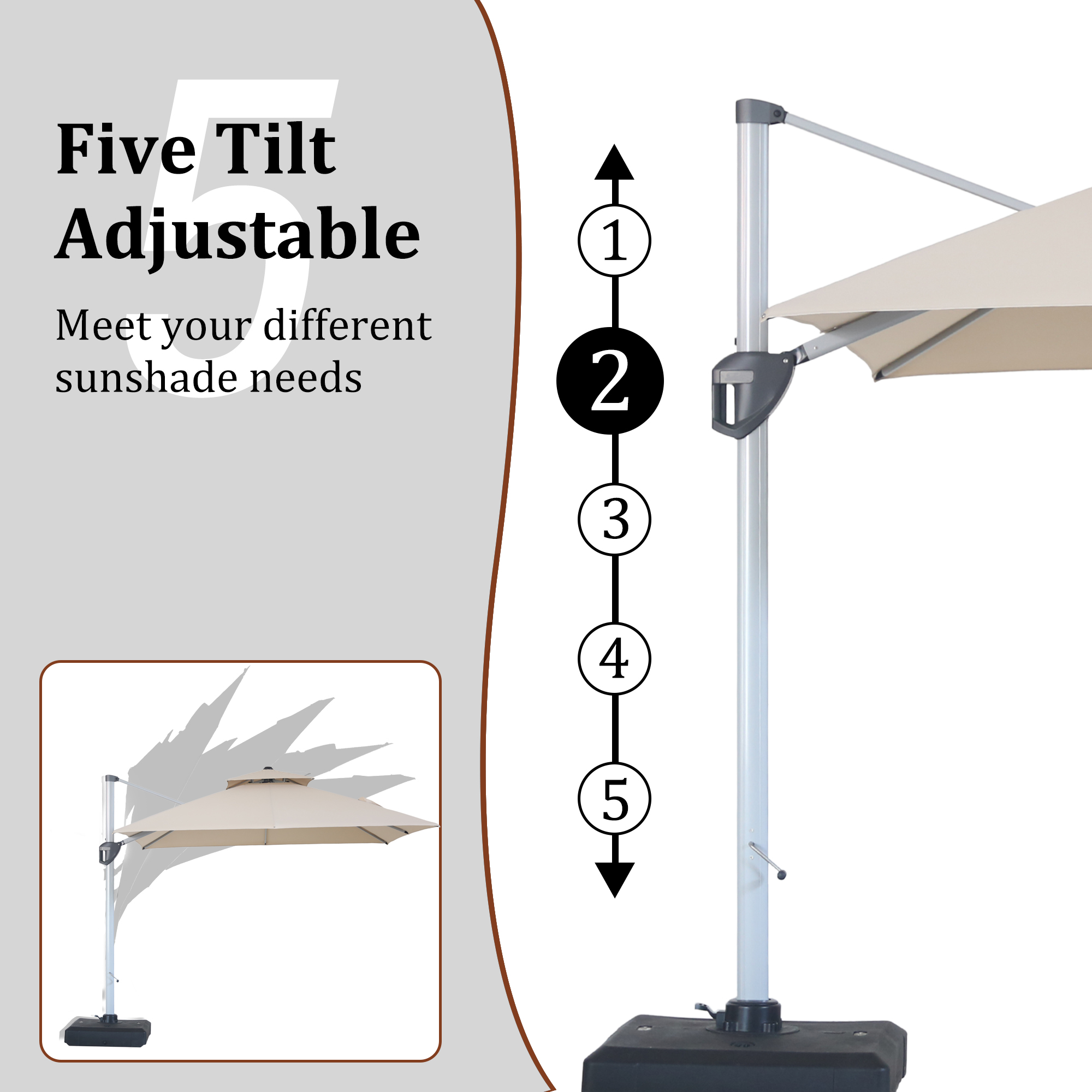 10/11ft Square Cantilever Patio Umbrella with 5 Adjustable Angles, Outdoor Sunshade with Base for Deck, Garden, or Pool
