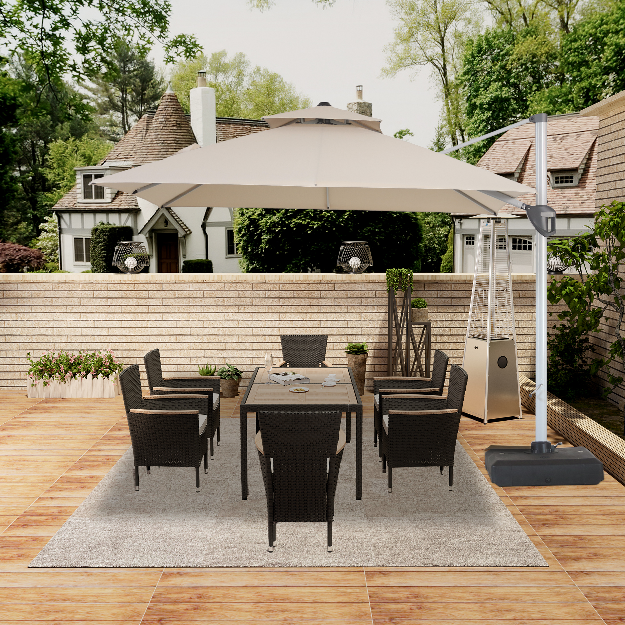 10/11ft Square Cantilever Patio Umbrella with 5 Adjustable Angles, Outdoor Sunshade with Base for Deck, Garden, or Pool