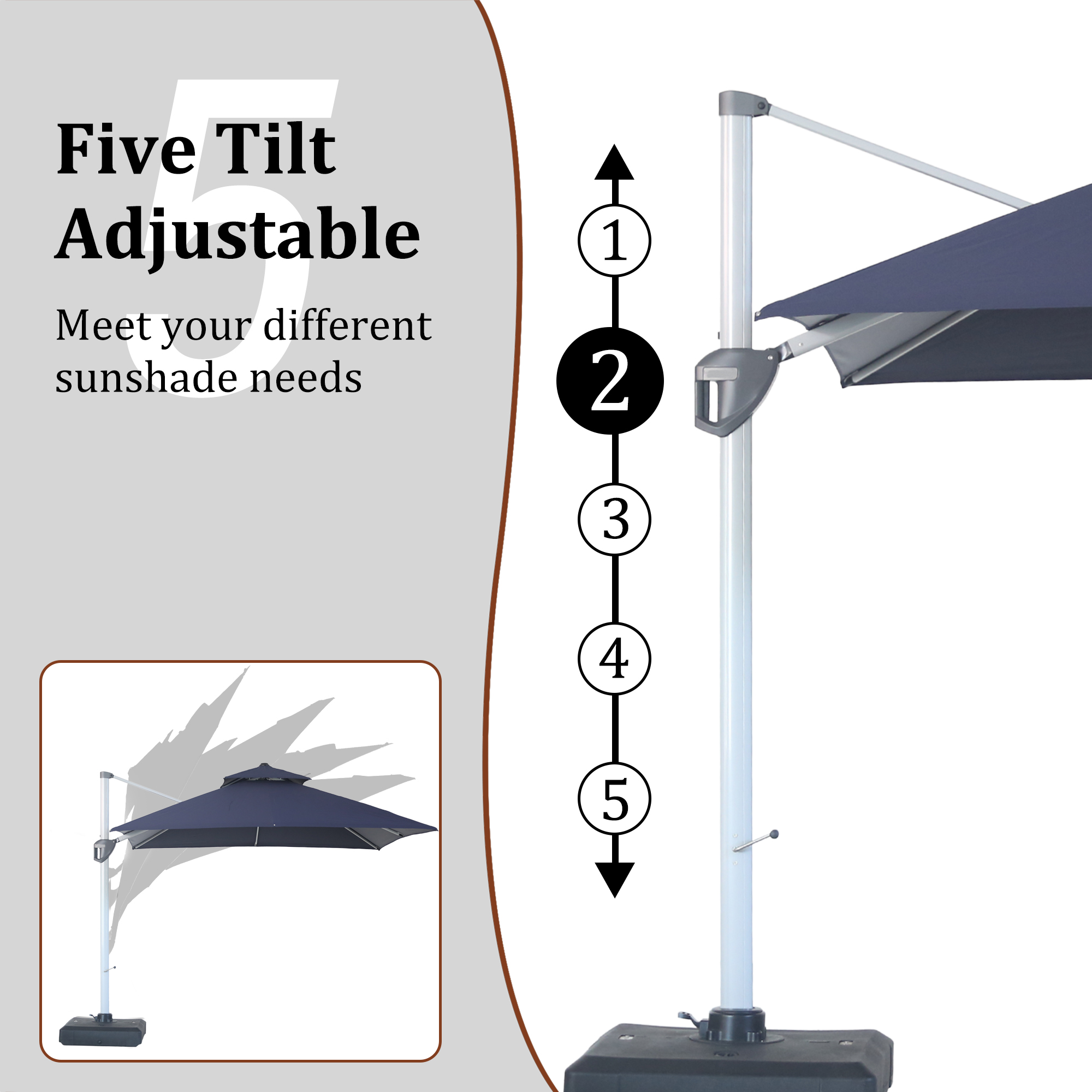 10/11ft Square Cantilever Patio Umbrella with 5 Adjustable Angles, Outdoor Sunshade with Base for Deck, Garden, or Pool