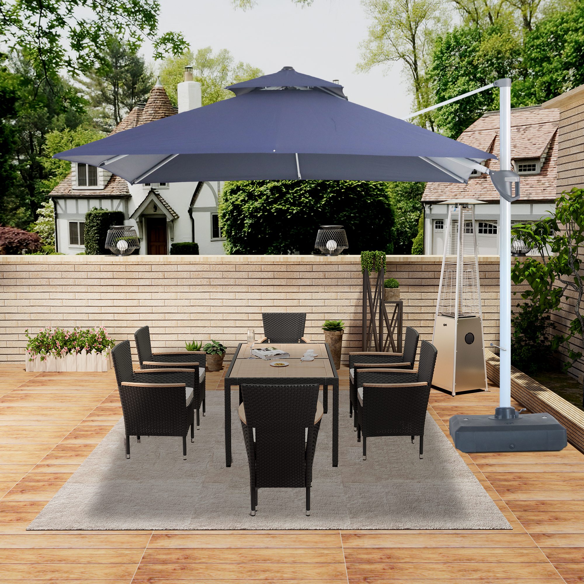 10/11ft Square Cantilever Patio Umbrella with 5 Adjustable Angles, Outdoor Sunshade with Base for Deck, Garden, or Pool