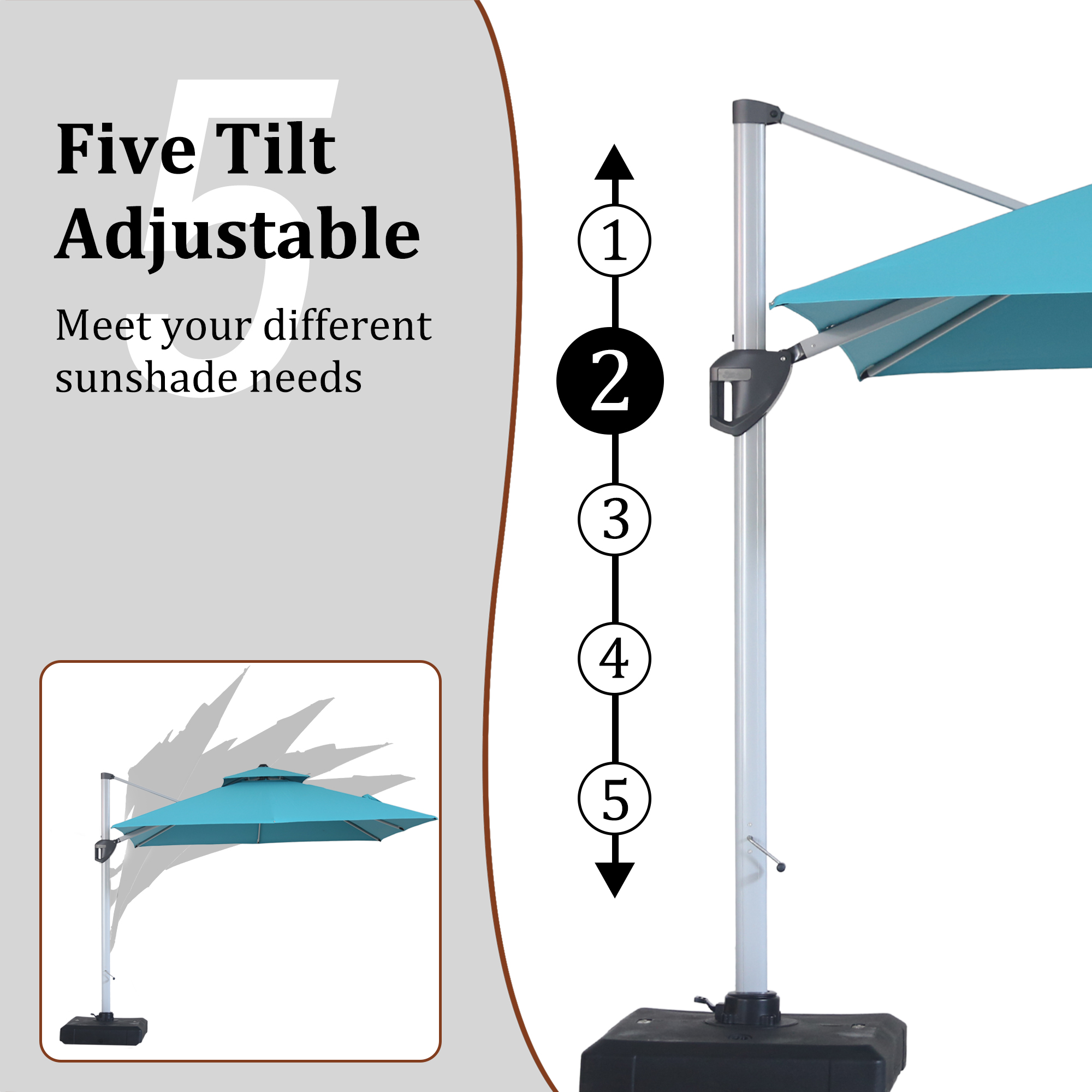 10/11ft Square Cantilever Patio Umbrella with 5 Adjustable Angles, Outdoor Sunshade with Base for Deck, Garden, or Pool