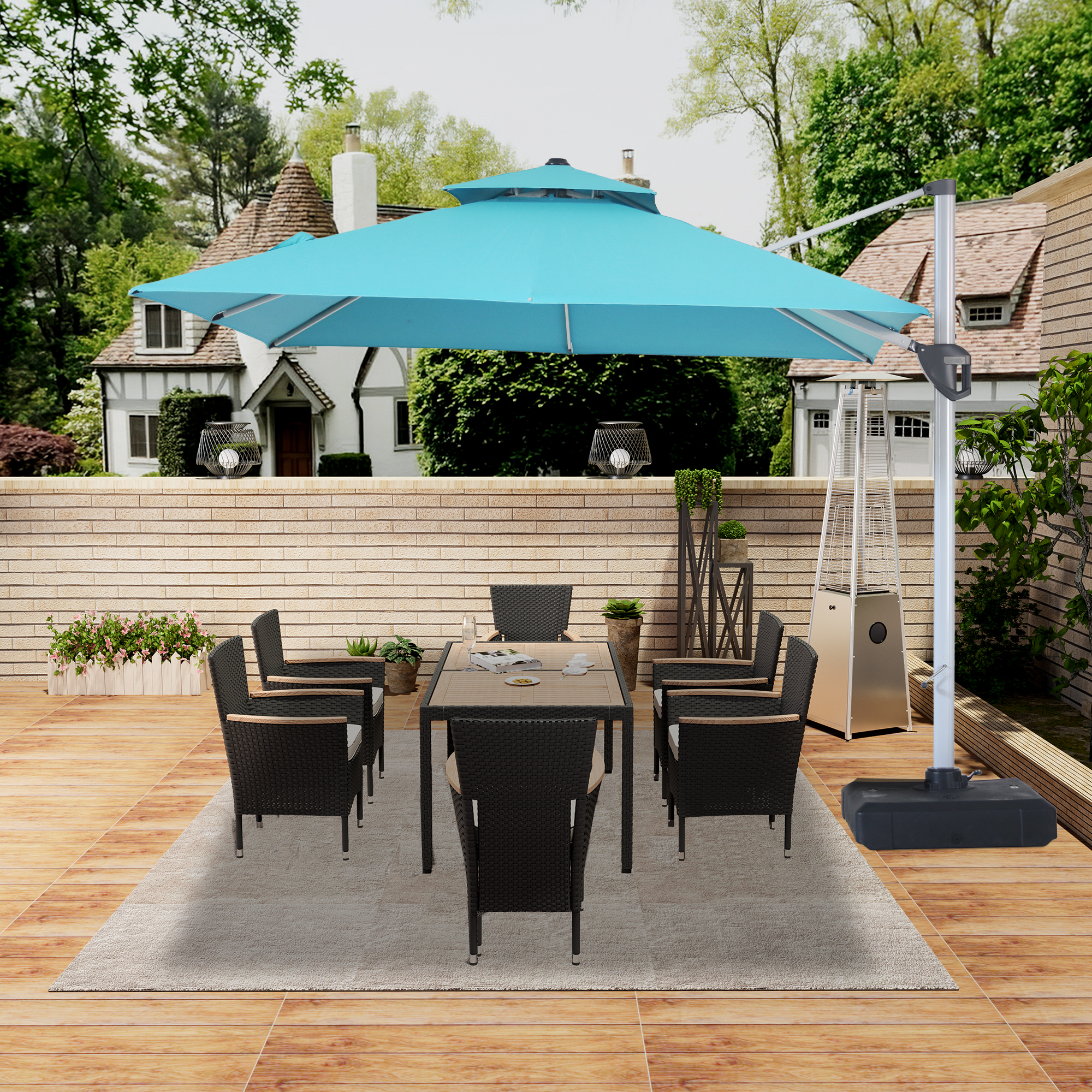 10/11ft Square Cantilever Patio Umbrella with 5 Adjustable Angles, Outdoor Sunshade with Base for Deck, Garden, or Pool