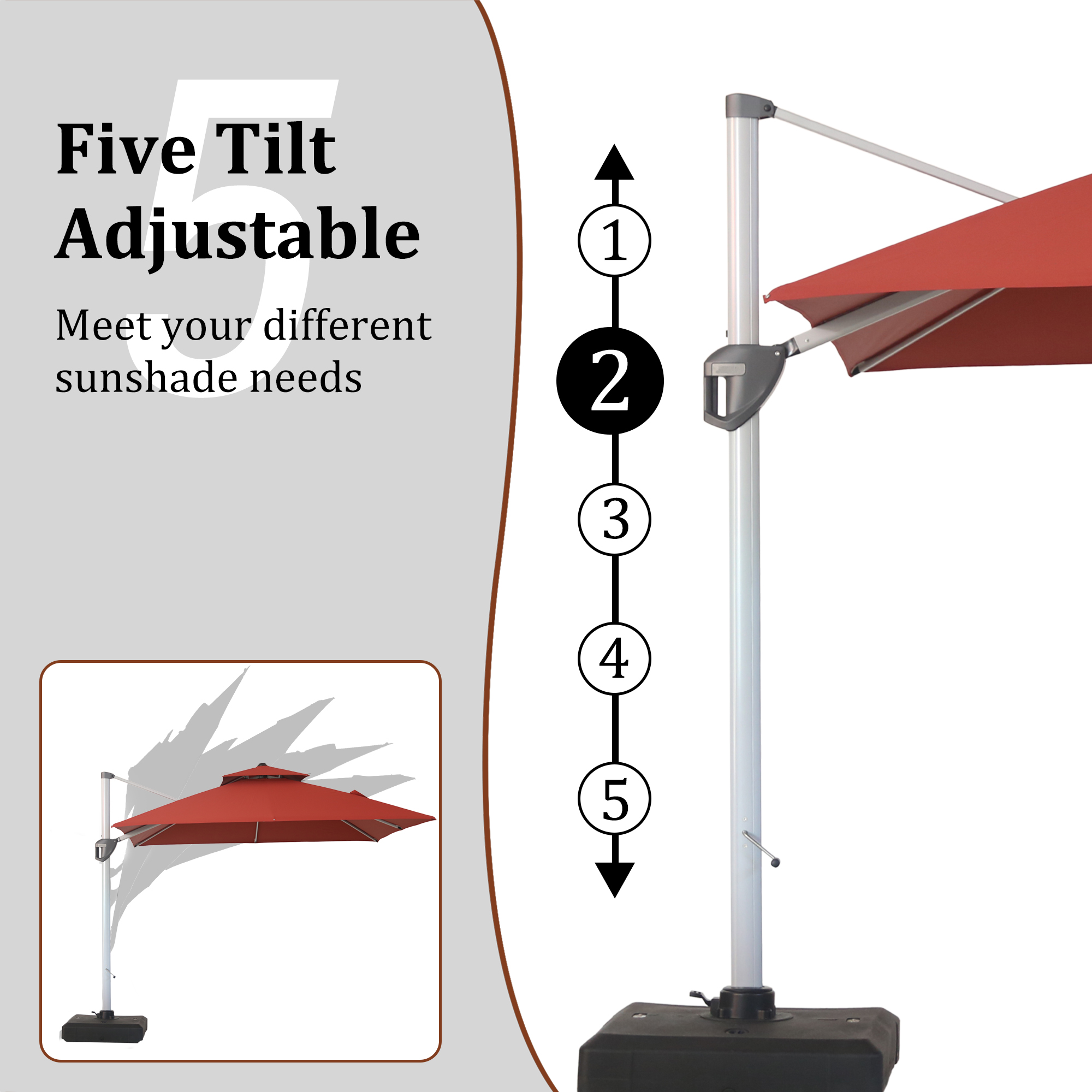 10/11ft Square Cantilever Patio Umbrella with 5 Adjustable Angles, Outdoor Sunshade with Base for Deck, Garden, or Pool