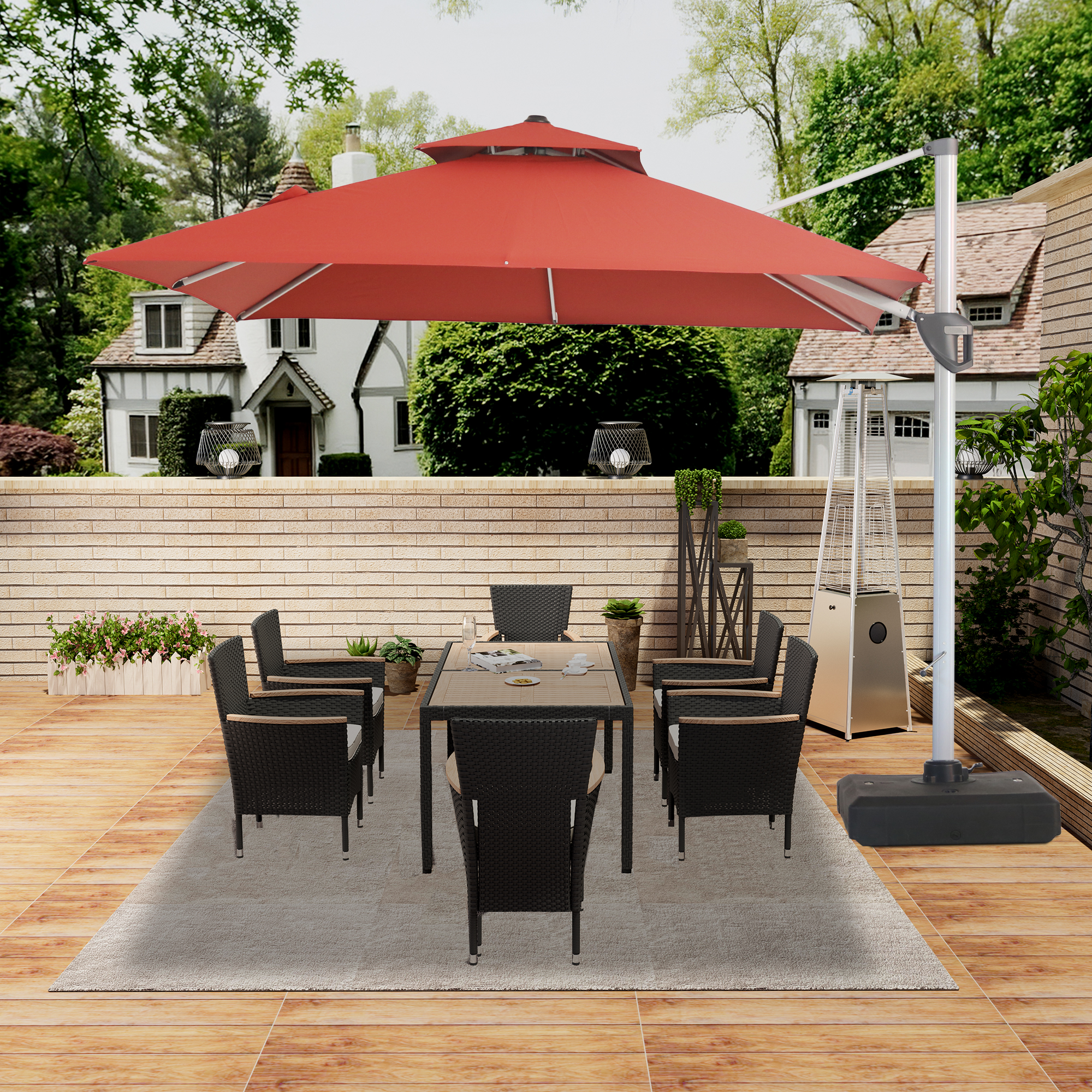 10/11ft Square Cantilever Patio Umbrella with 5 Adjustable Angles, Outdoor Sunshade with Base for Deck, Garden, or Pool