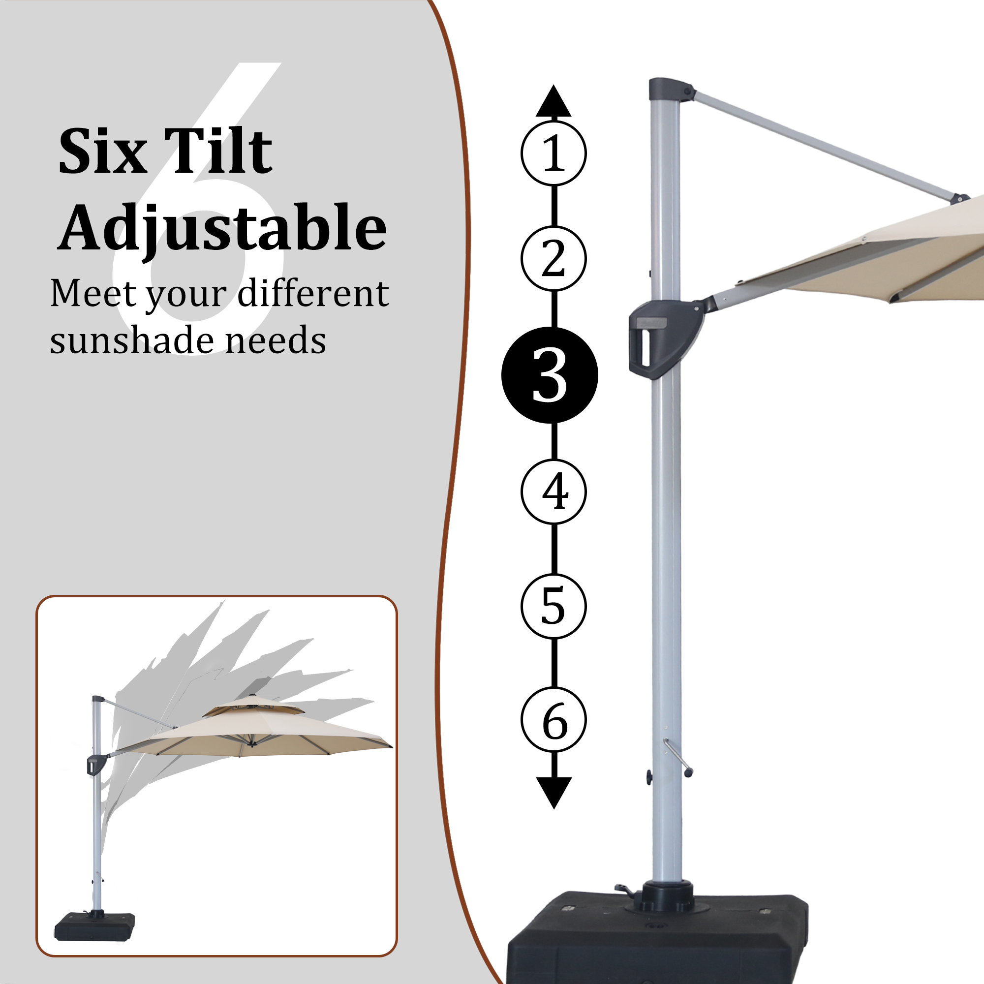 10/11ft Square Cantilever Patio Umbrella with 5 Adjustable Angles, Outdoor Sunshade with Base for Deck, Garden, or Pool