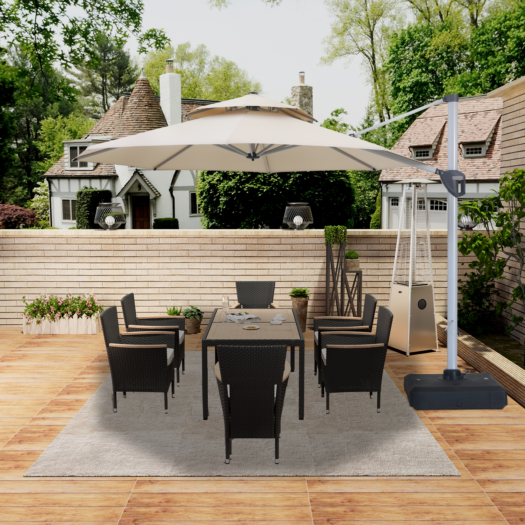 10/11ft Square Cantilever Patio Umbrella with 5 Adjustable Angles, Outdoor Sunshade with Base for Deck, Garden, or Pool