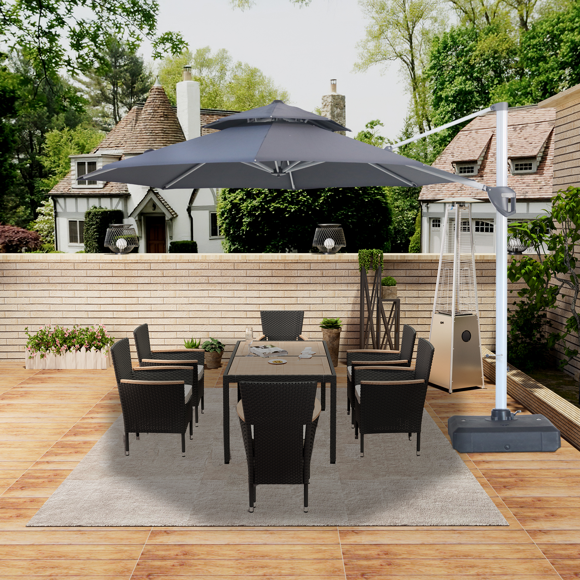 10/11ft Square Cantilever Patio Umbrella with 5 Adjustable Angles, Outdoor Sunshade with Base for Deck, Garden, or Pool