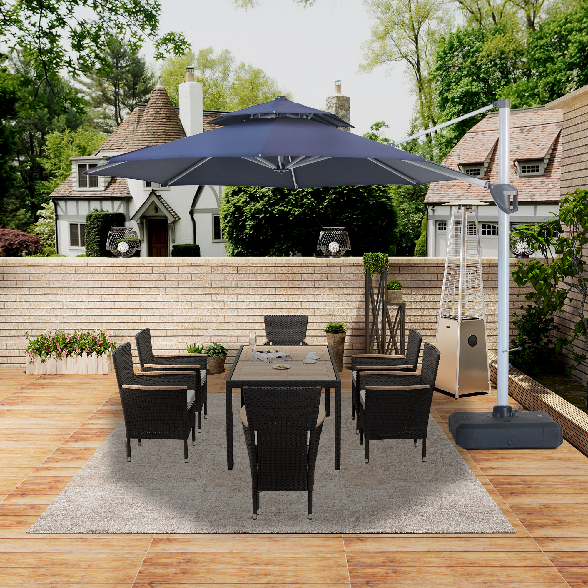 10/11ft Square Cantilever Patio Umbrella with 5 Adjustable Angles, Outdoor Sunshade with Base for Deck, Garden, or Pool