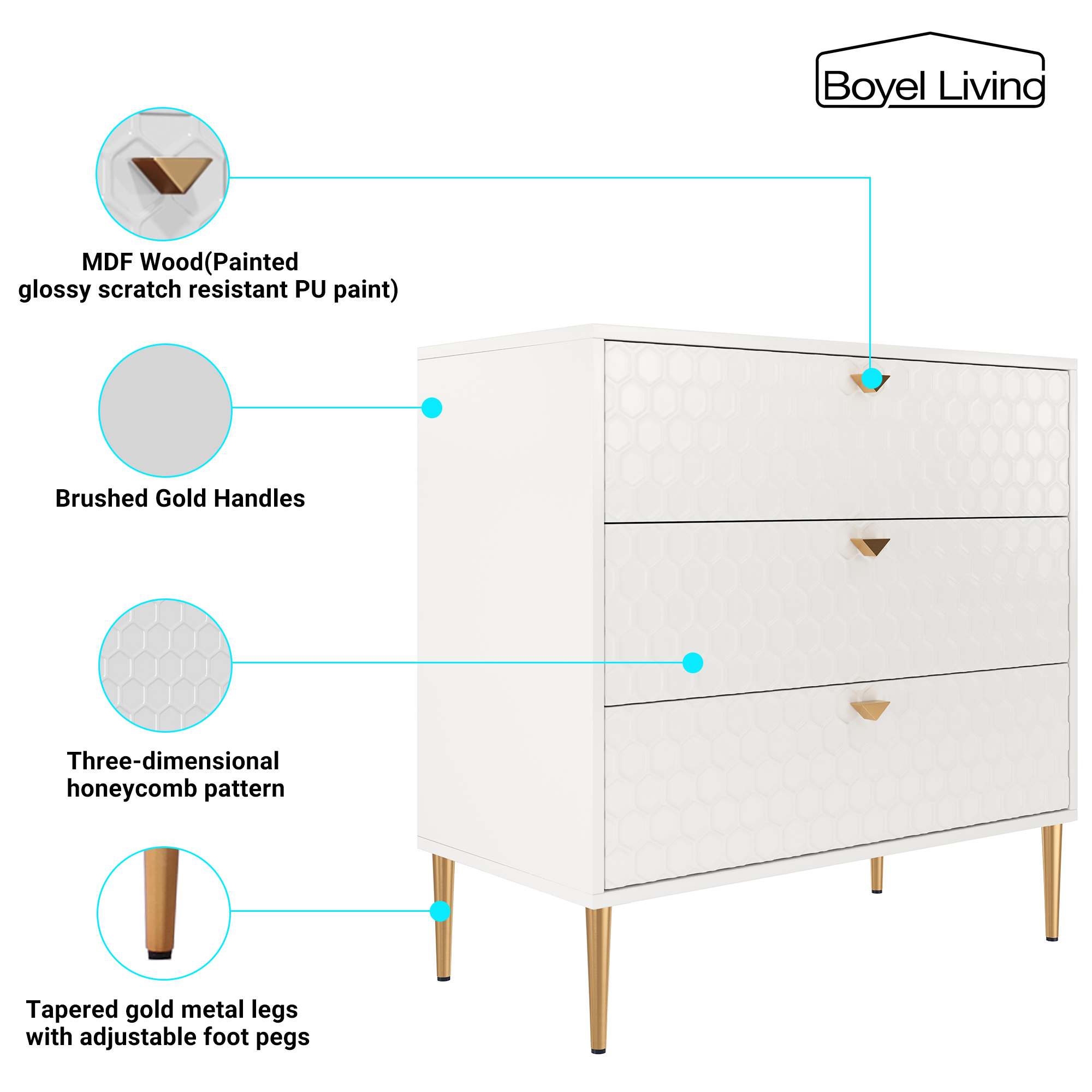 3 Drawers Storage TV Stand Sideboard Decorated Cabinet