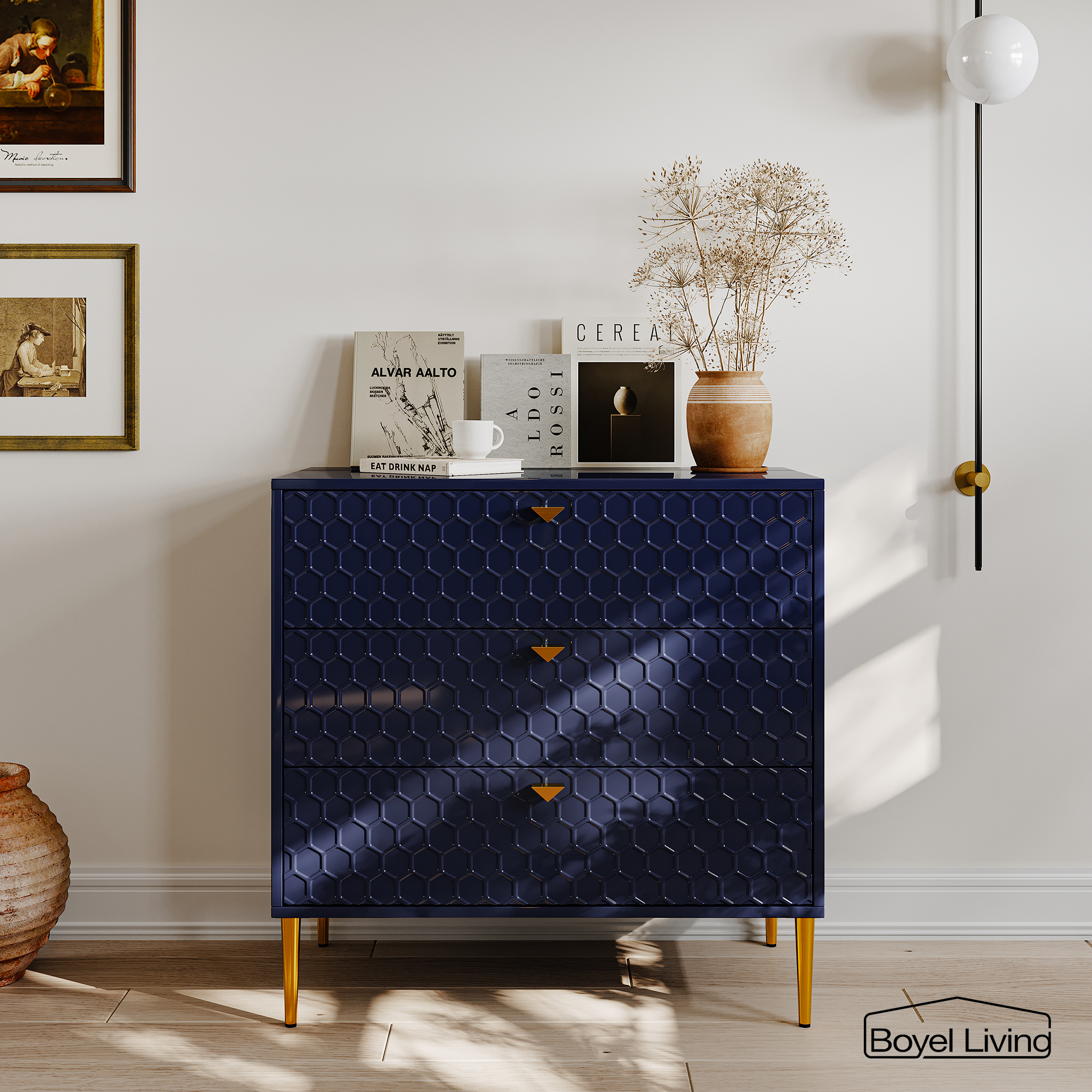 3 Drawers Storage TV Stand Sideboard Decorated Cabinet