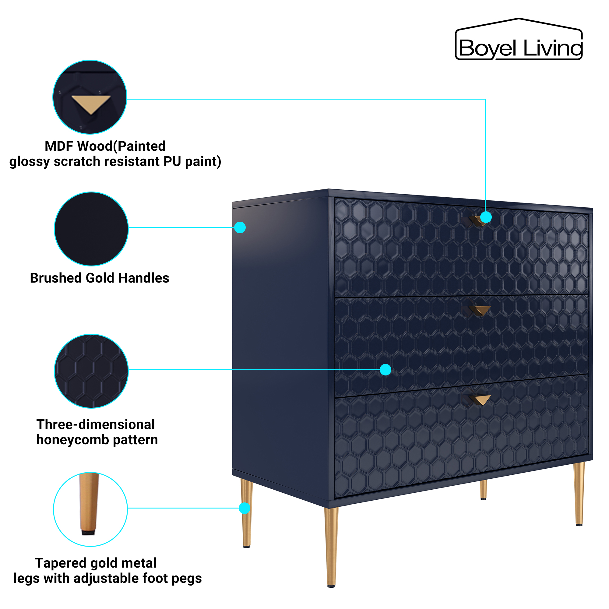 3 Drawers Storage TV Stand Sideboard Decorated Cabinet