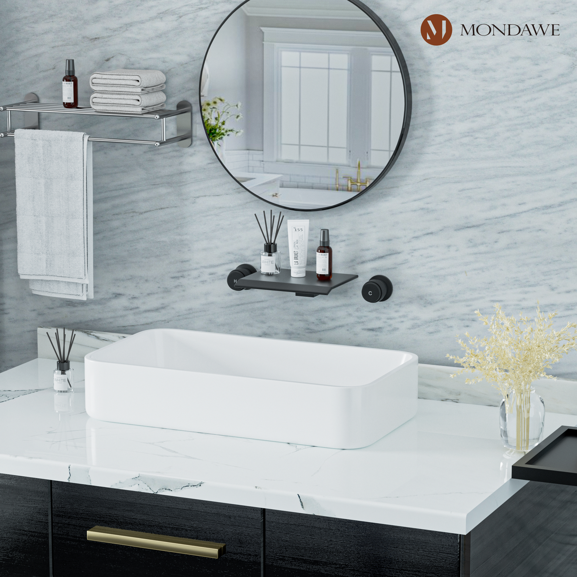 mb-Wall Mount Sink Faucet Waterfall Roman Tub Filler Double-Handle Bathroom Basin Faucets with High Flow Rate