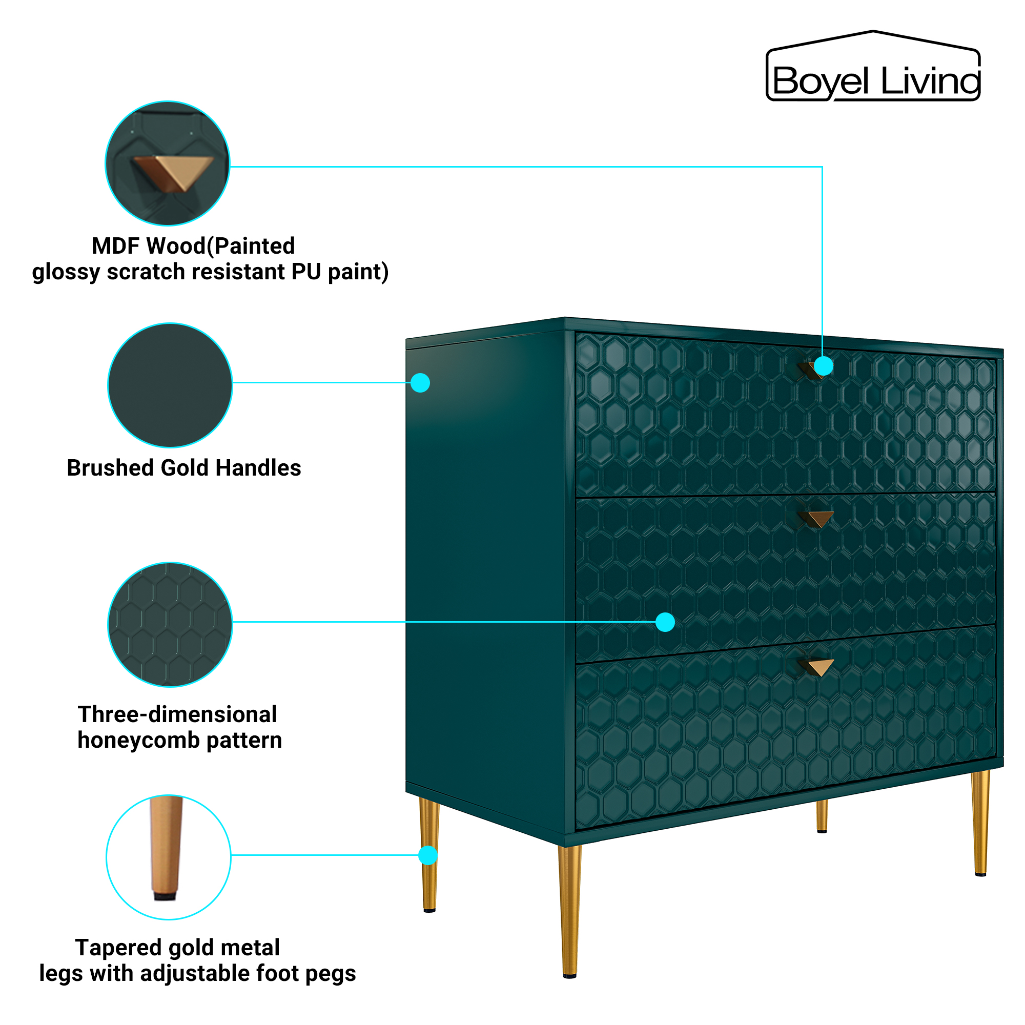 3 Drawers Storage TV Stand Sideboard Decorated Cabinet