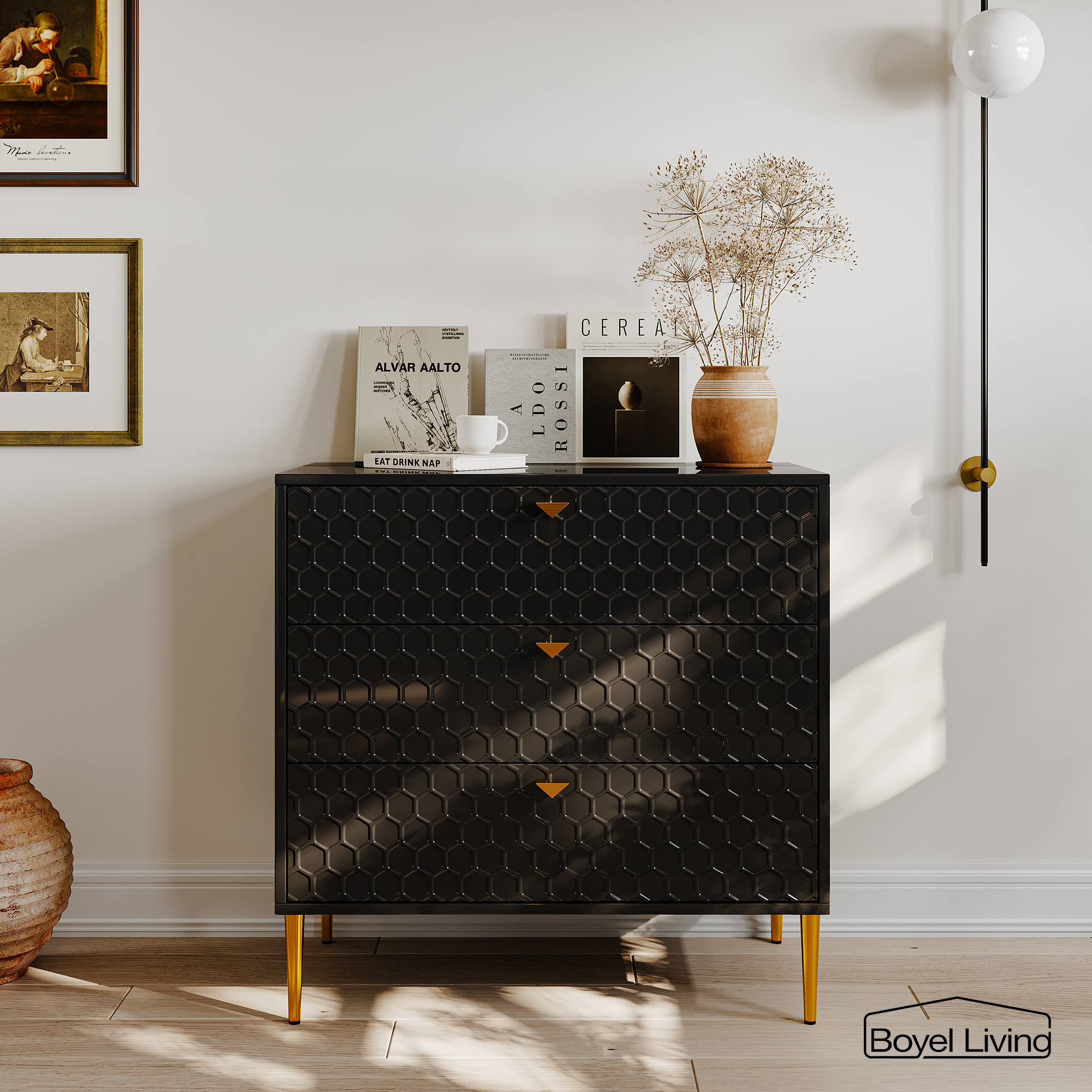 3 Drawers Storage TV Stand Sideboard Decorated Cabinet