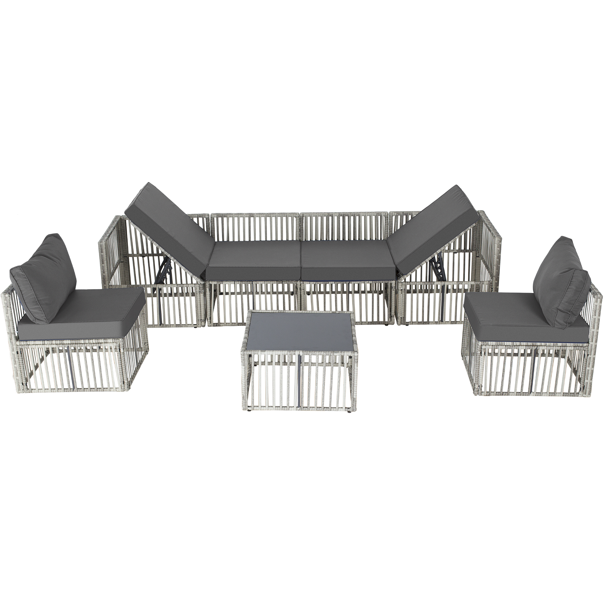 7-Piece Outdoor Patio Furniture Set – PE Rattan Sectional Sofa with Cushions & Coffee Table, All-Weather Wicker, Removable Covers，Gray/Blue/Brown