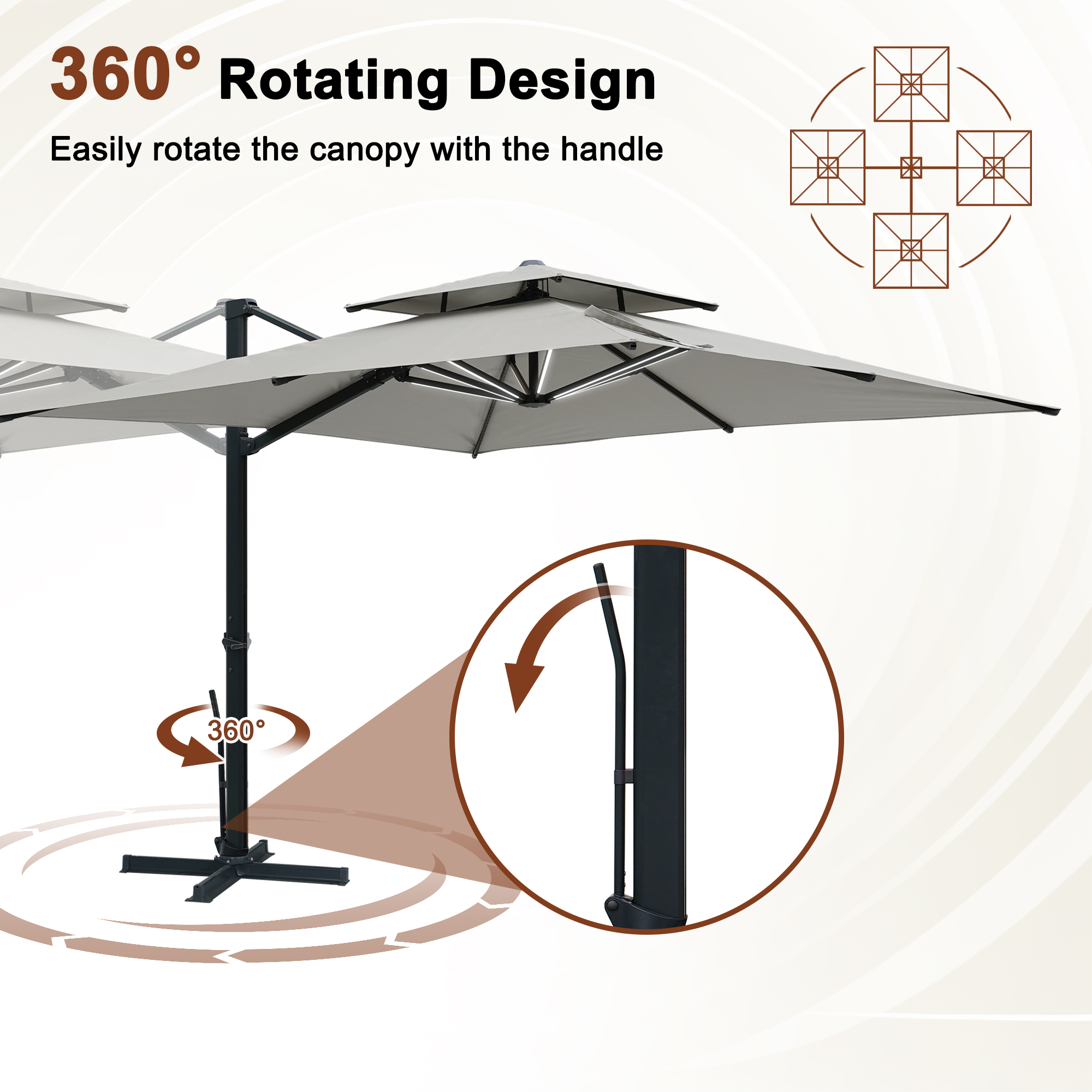 Aluminum Cantilever Patio Umbrella with Tilt Function, Removable Light Bar, and Base Included