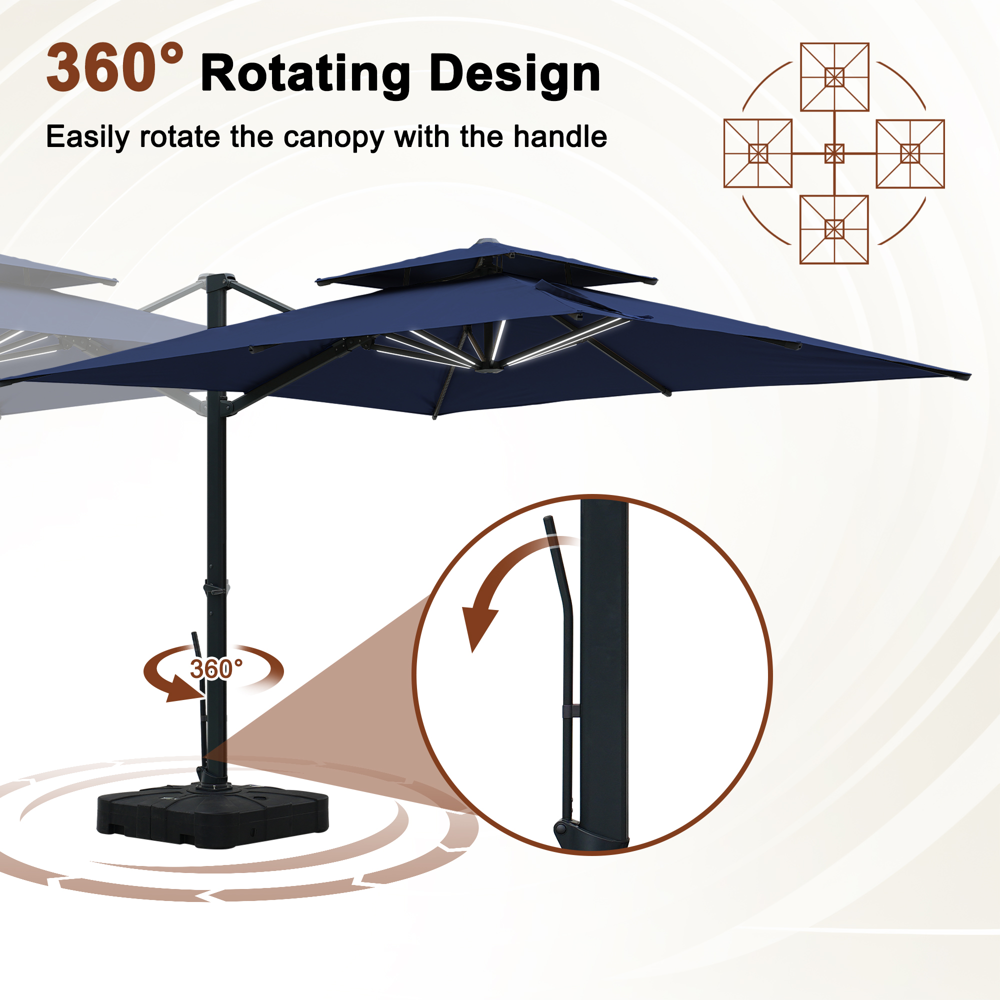 Aluminum Cantilever Patio Umbrella with Tilt Function, Removable Light Bar, and Base Included