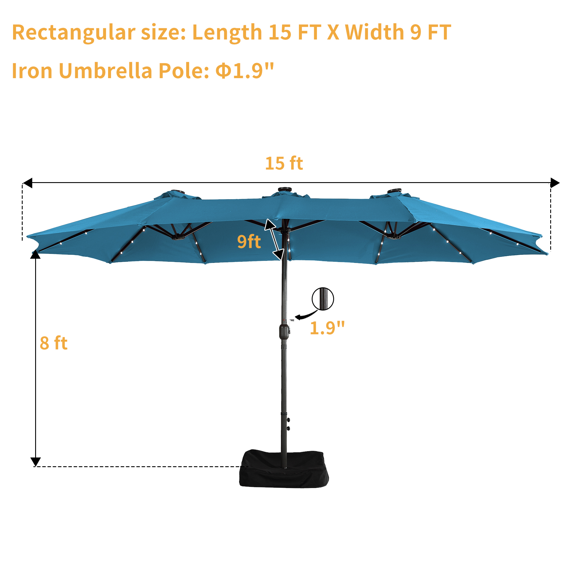 15ft Rectangular Patio Umbrella with Base and LED Lights