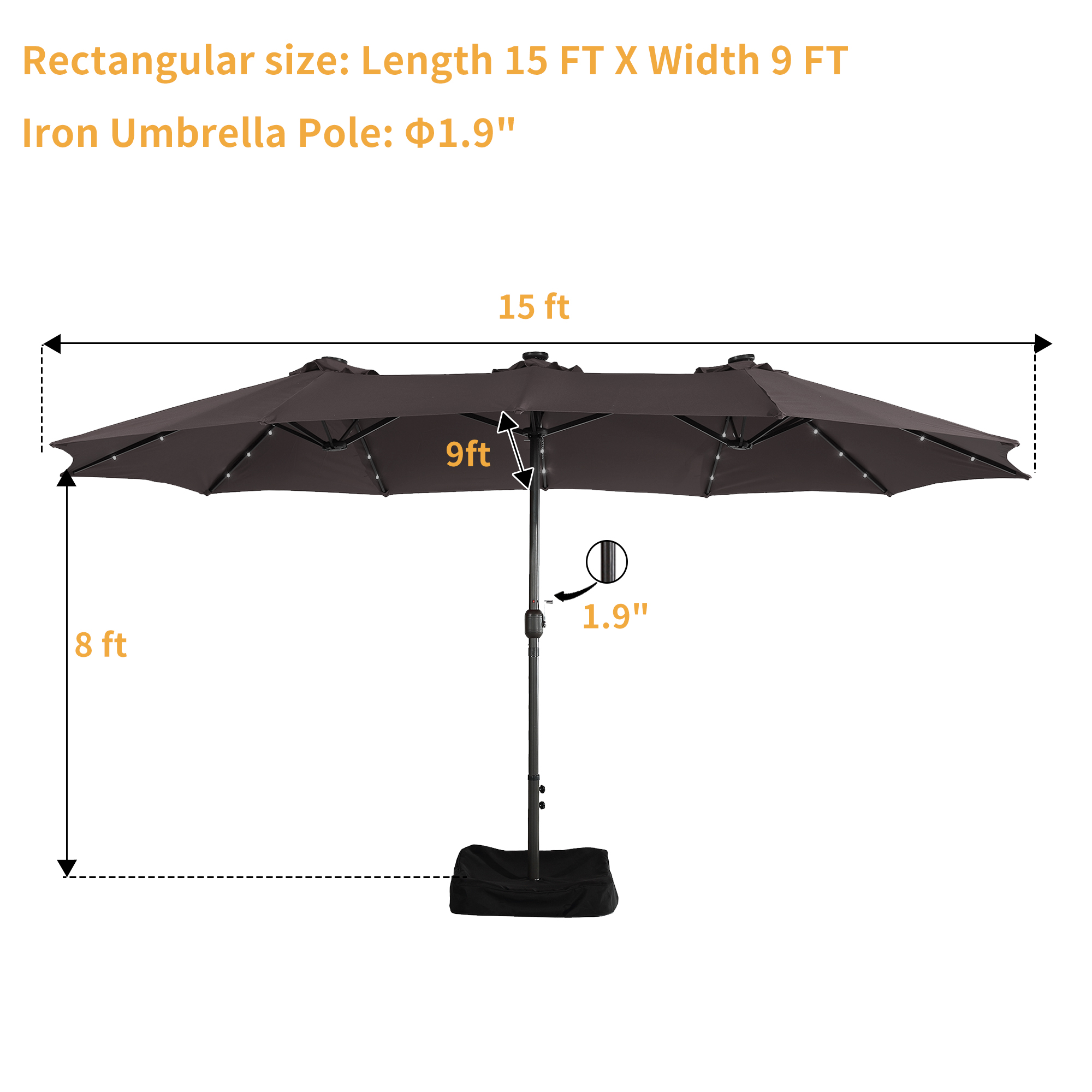 15ft Rectangular Patio Umbrella with Base and LED Lights