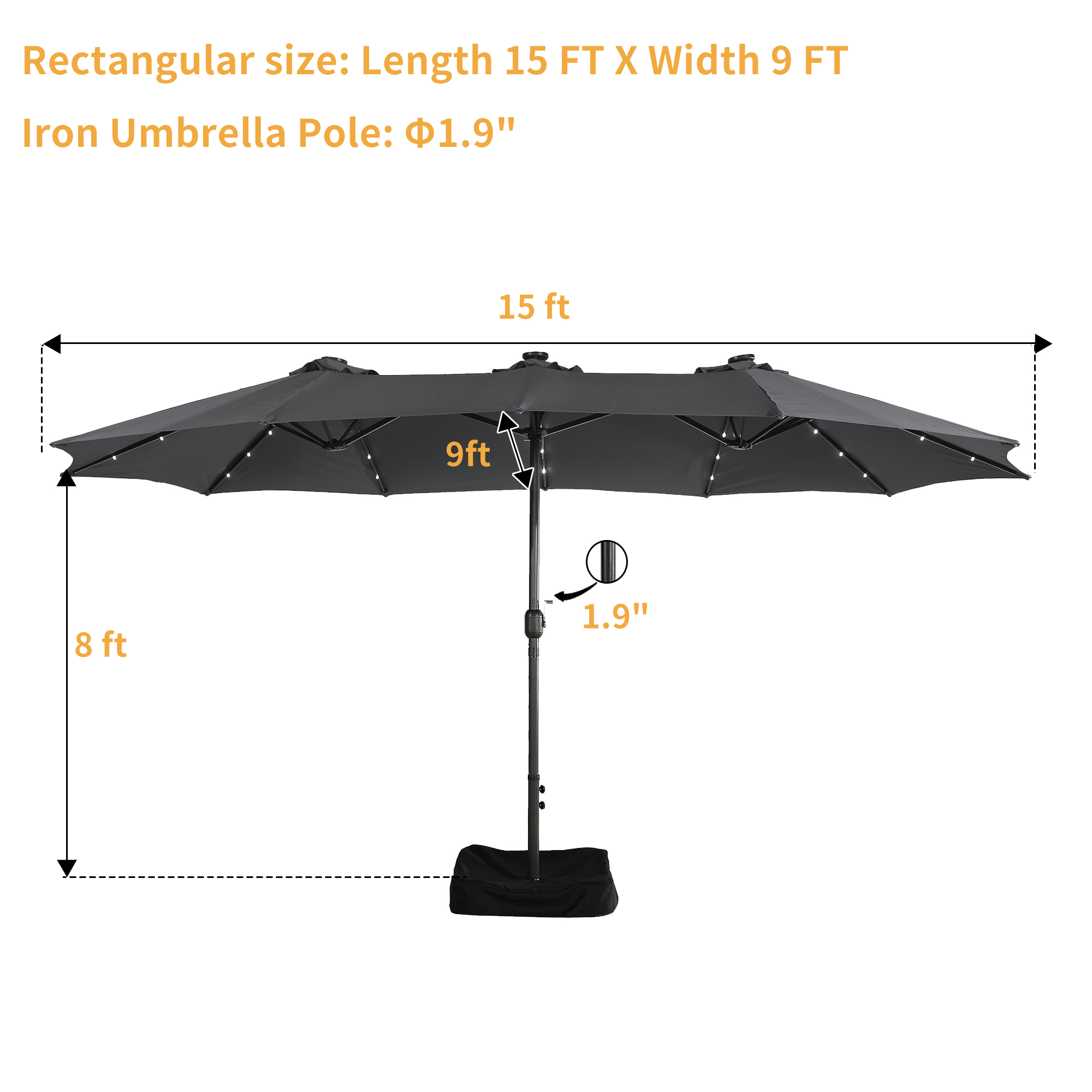 15ft Rectangular Patio Umbrella with Base and LED Lights